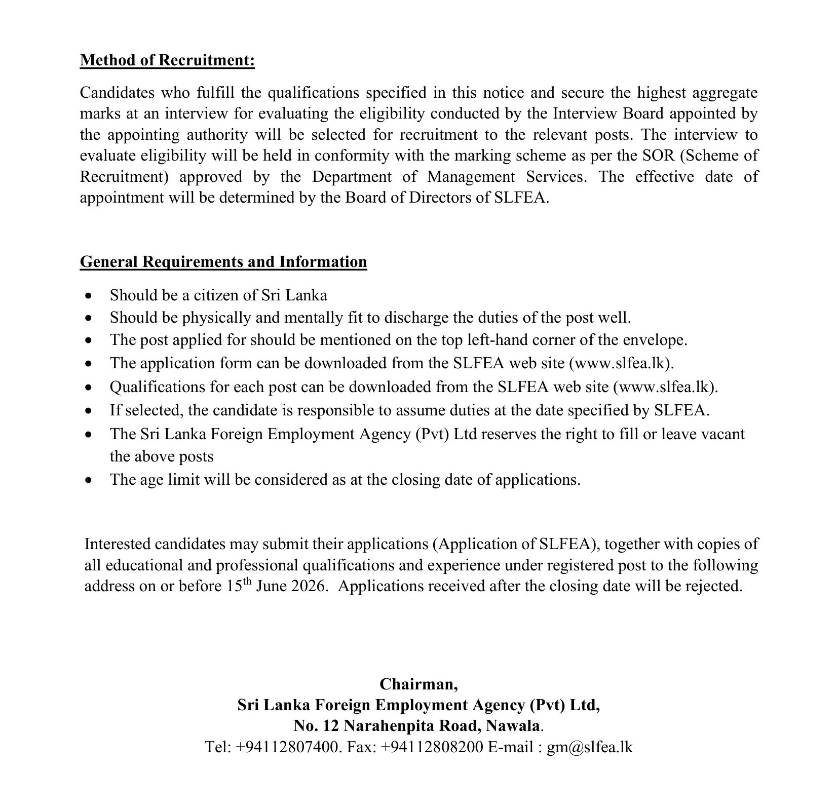 General Manager, Deputy General Manager - Sri Lanka Foreign Employment Agency (Pvt) Ltd