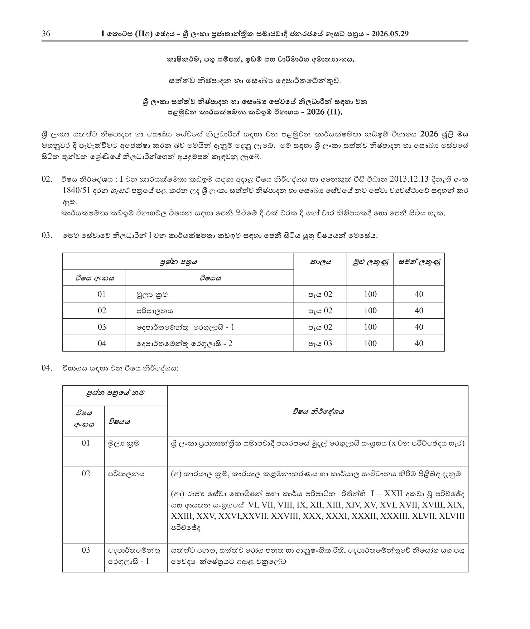 The First Efficiency Bar Examination for Officer in Sri Lanka Animal Production & Health Service - 2026(2)