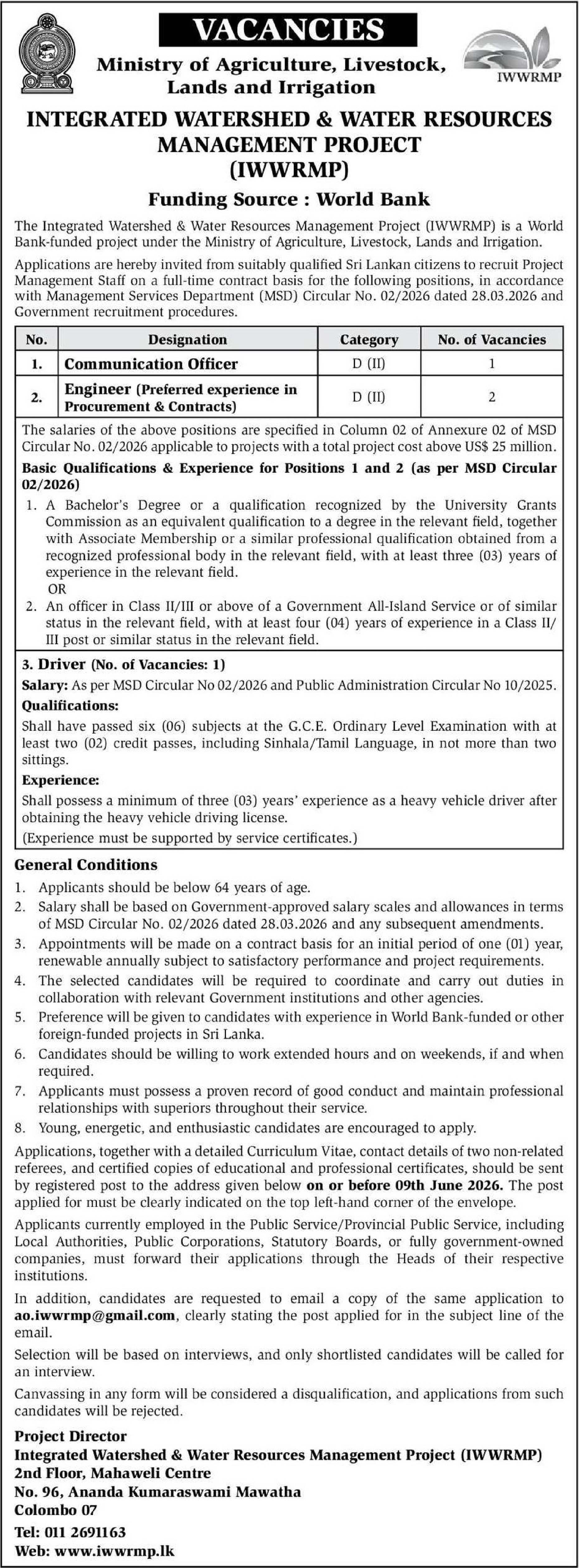 Communication Officer, Engineer, Driver - Ministry of Agriculture, Livestock, Land & Irrigation