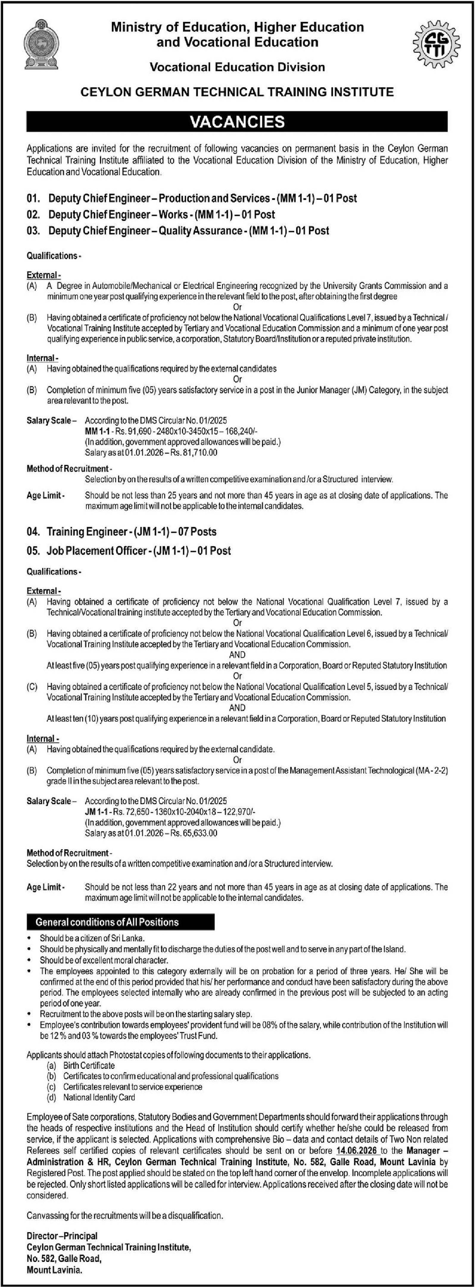 Deputy Chief Engineer, Training Engineer, Job Placement Officer - Ceylon German Technical Training Institute