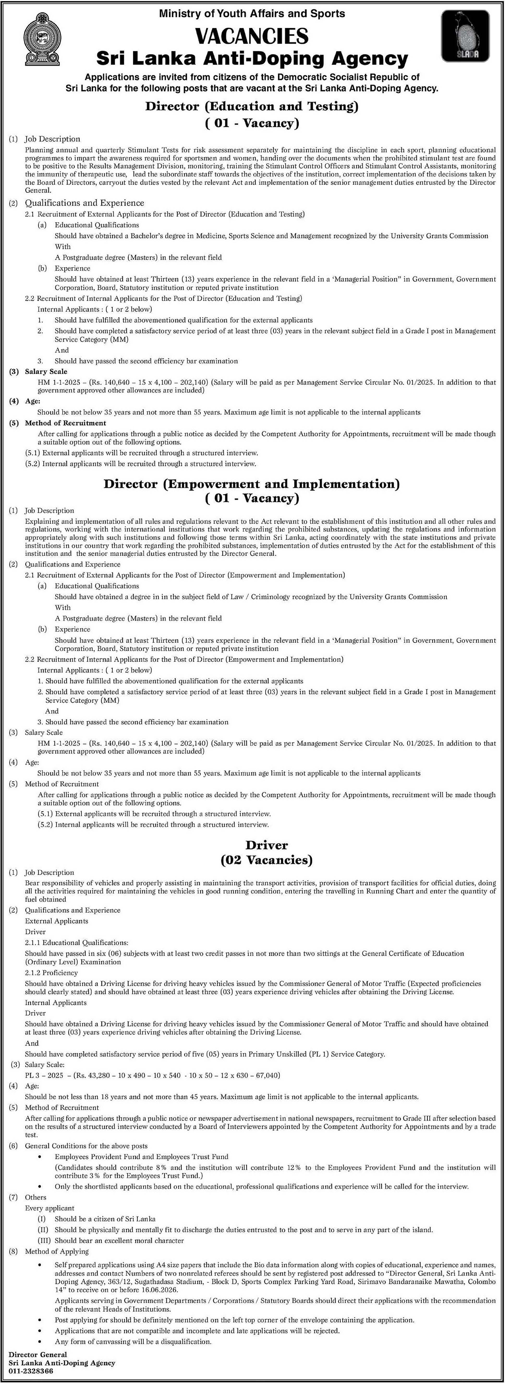 Director, Driver - Sri Lanka Anti-Doping Agency