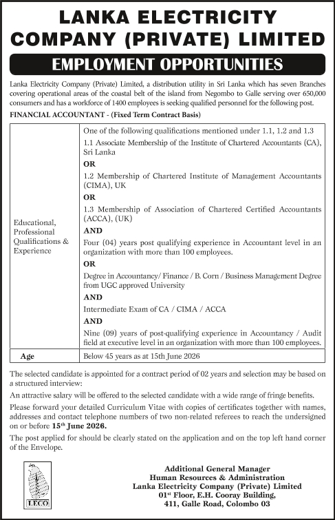 Financial Accountant - Lanka Electricity Company (Private) Limited