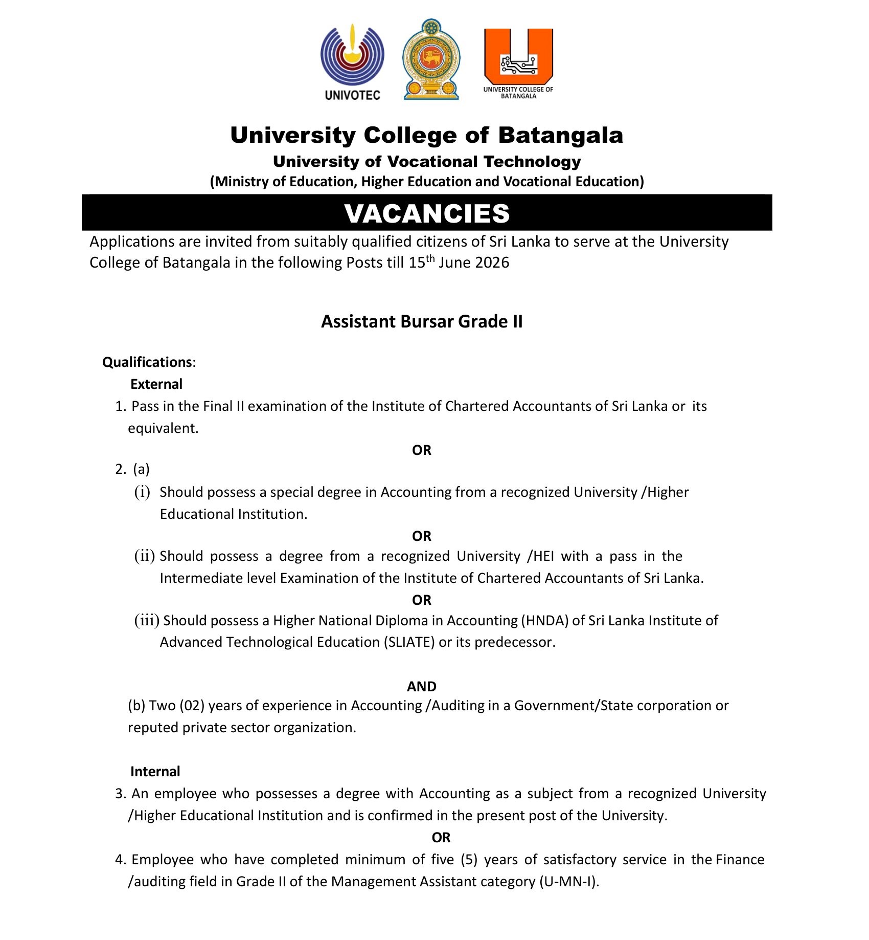 Assistant Bursar - University College of Batangala - University of Vocational Technology