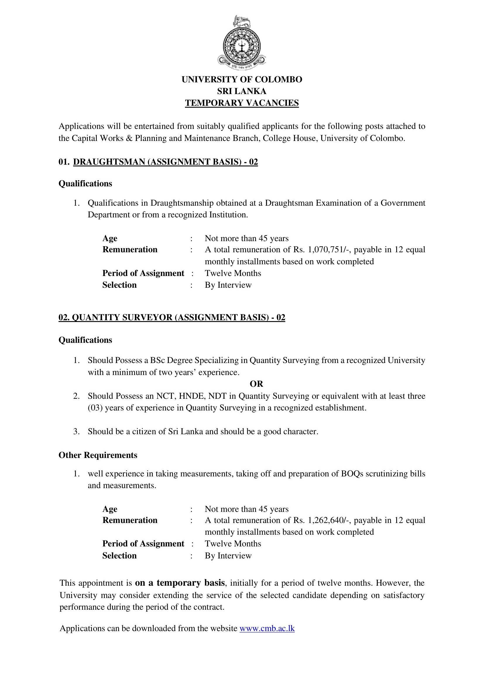 Draughtsman, Quantity Surveyor - University of Colombo