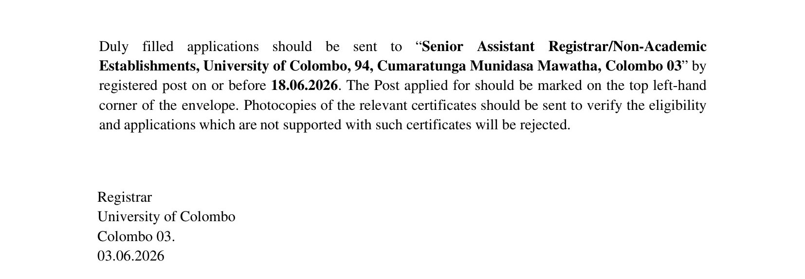 Draughtsman, Quantity Surveyor - University of Colombo
