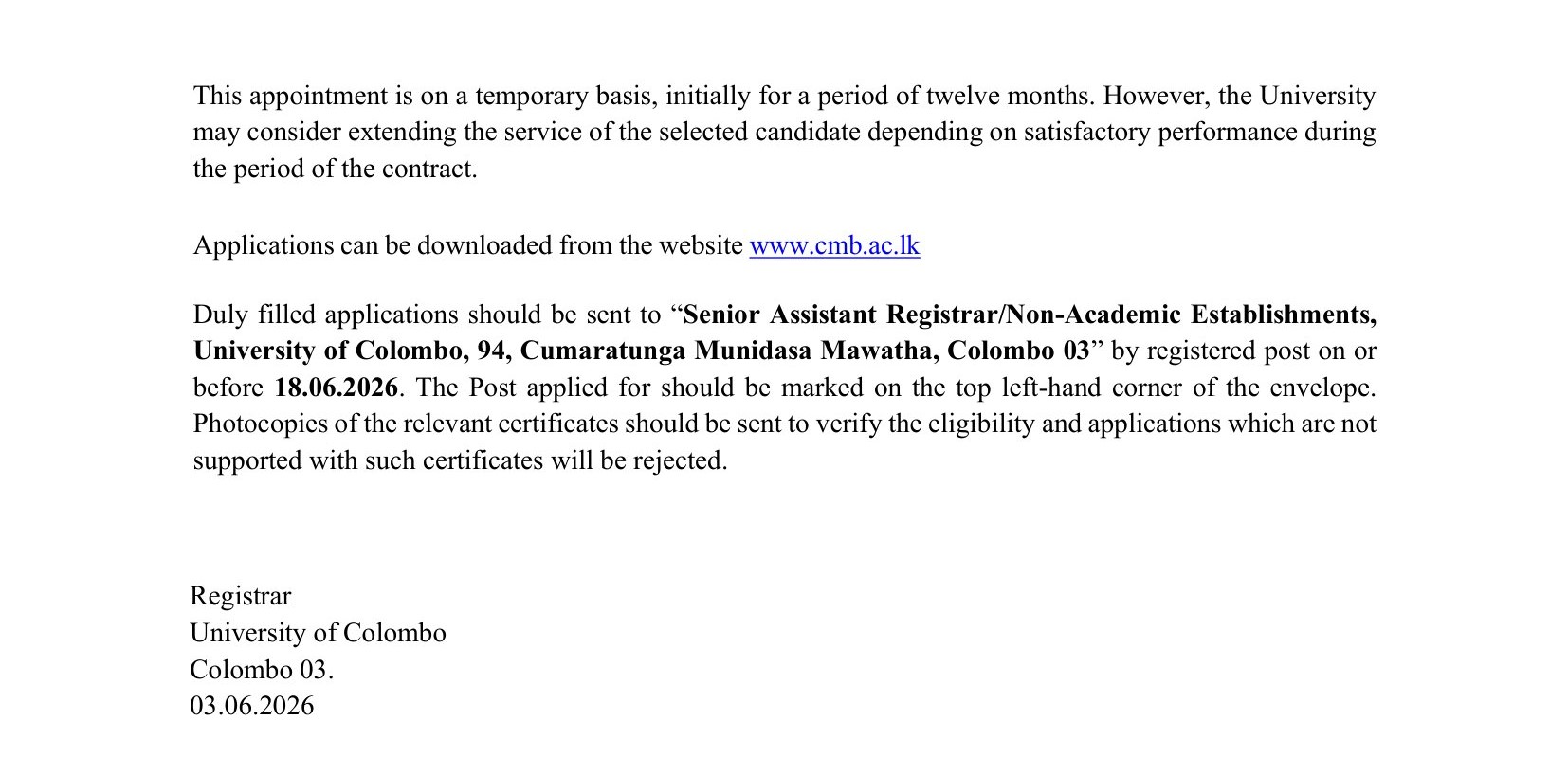 Legal Assistant, Court Assistant - University of Colombo
