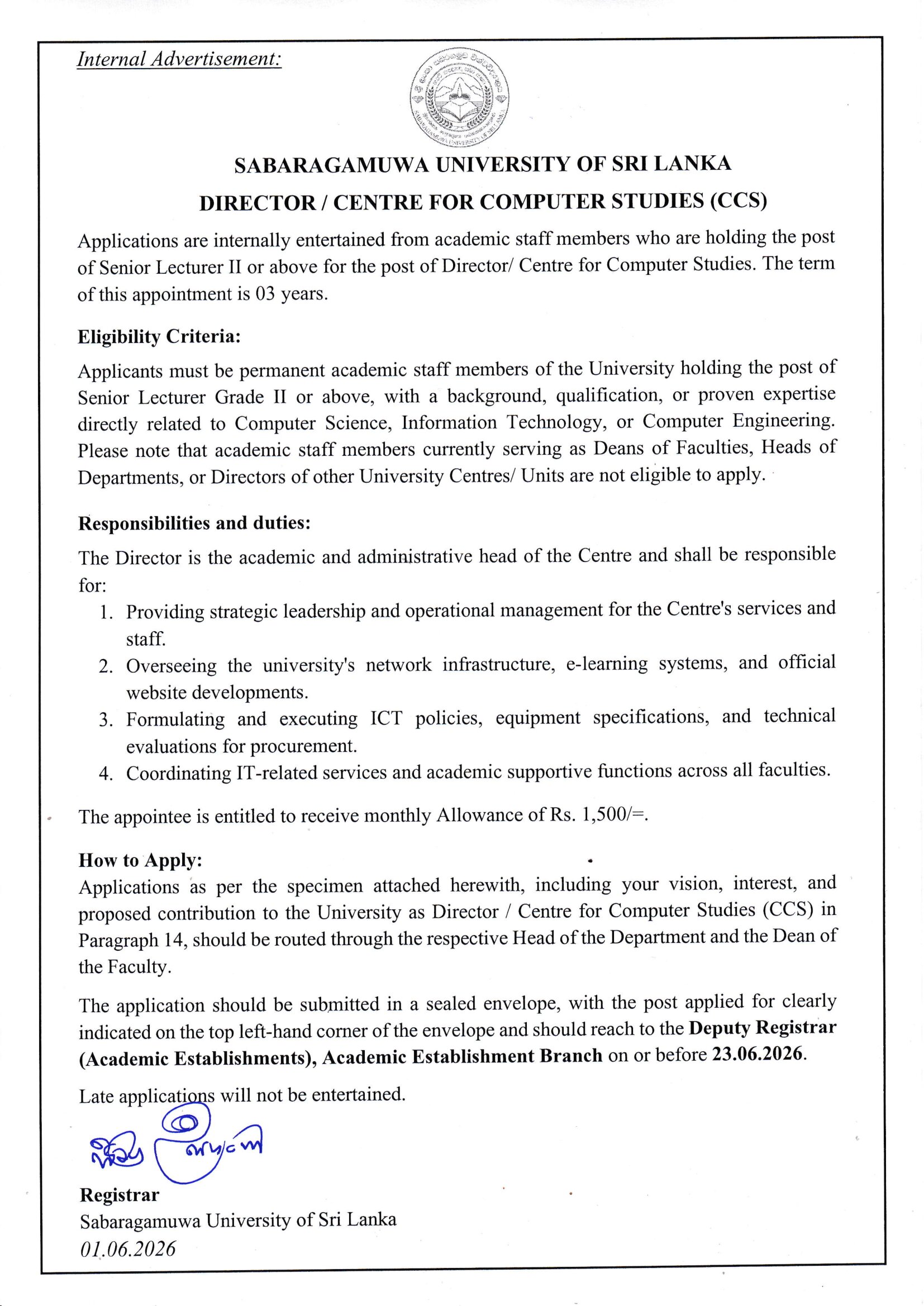 Director - Sabaragamuwa University of Sri Lanka