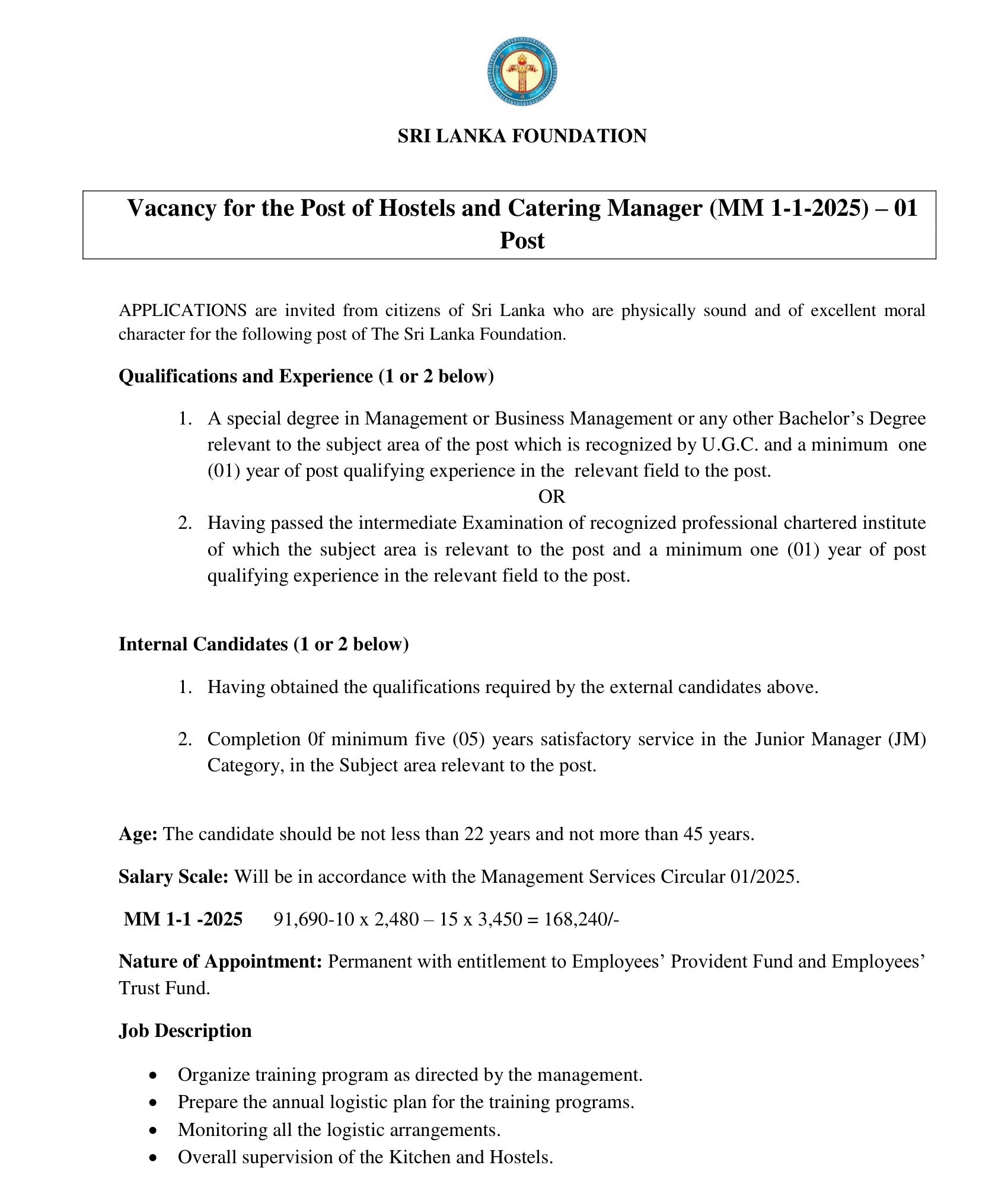 Hostels & Catering Manager - Sri Lanka Foundation
