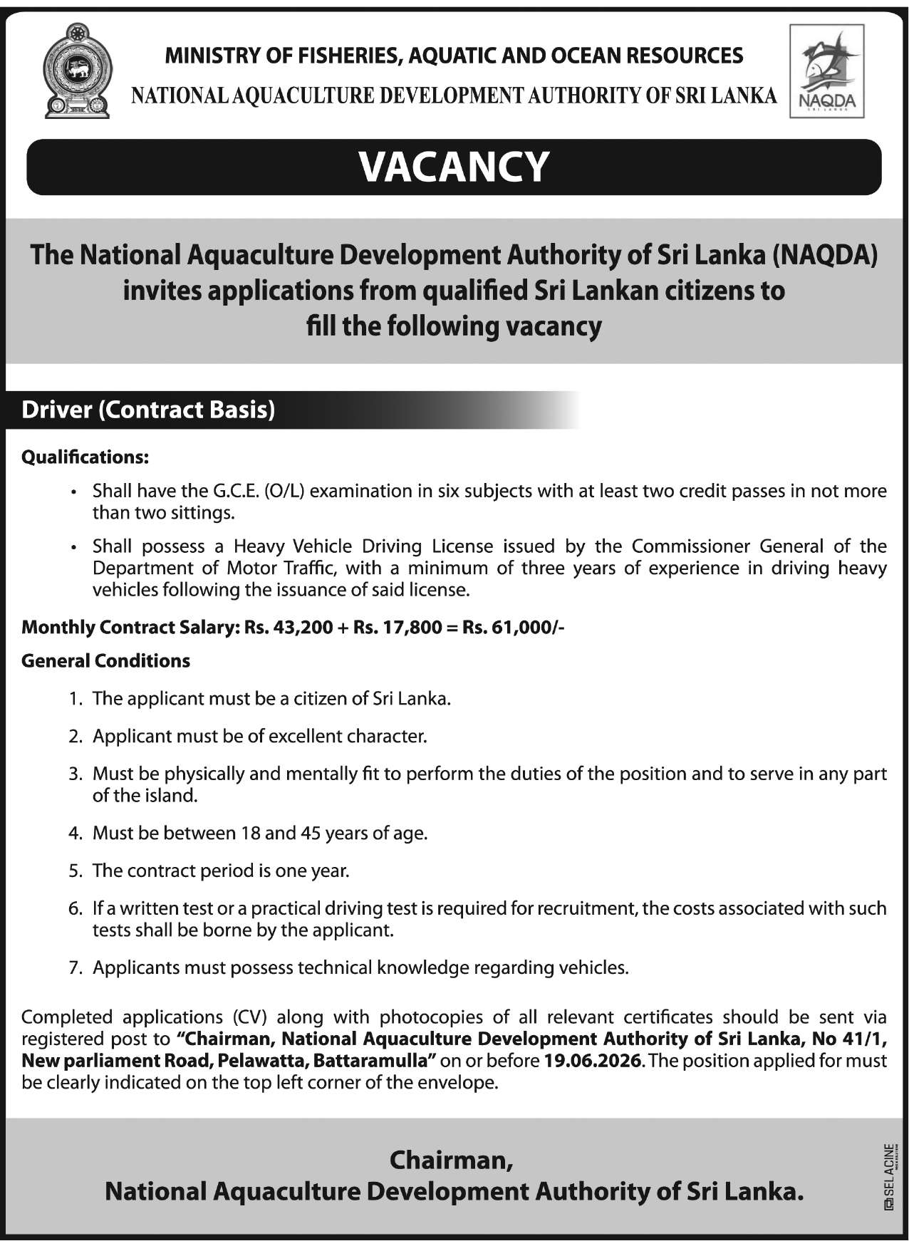 Driver - National Aquaculture Development Authority of Sri Lanka