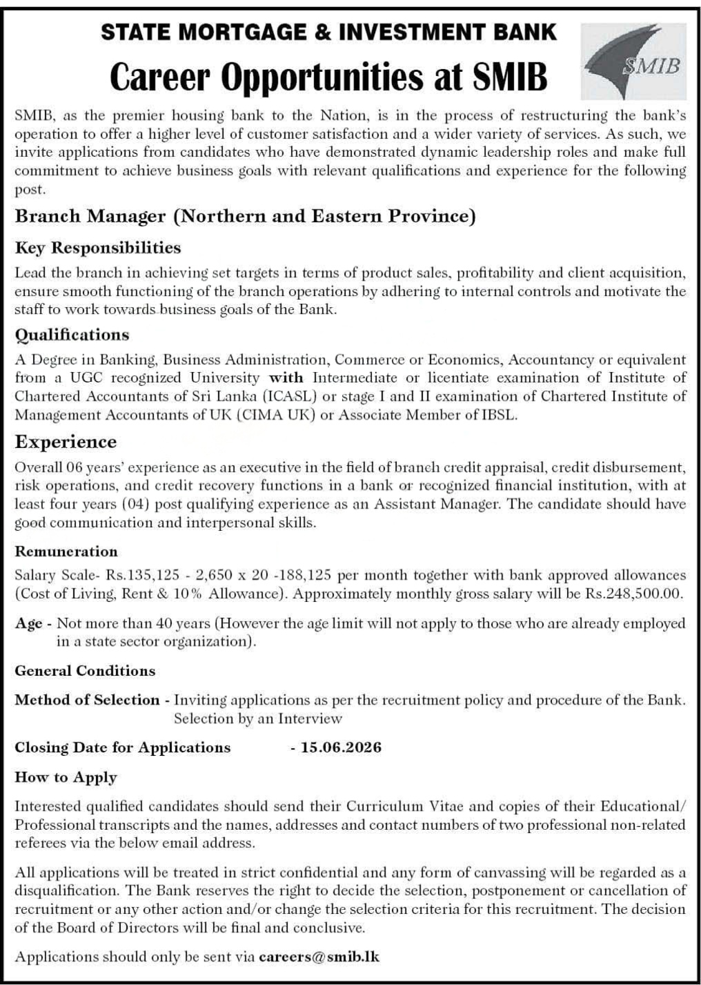 Branch Manager - State Mortgage & Investment Bank