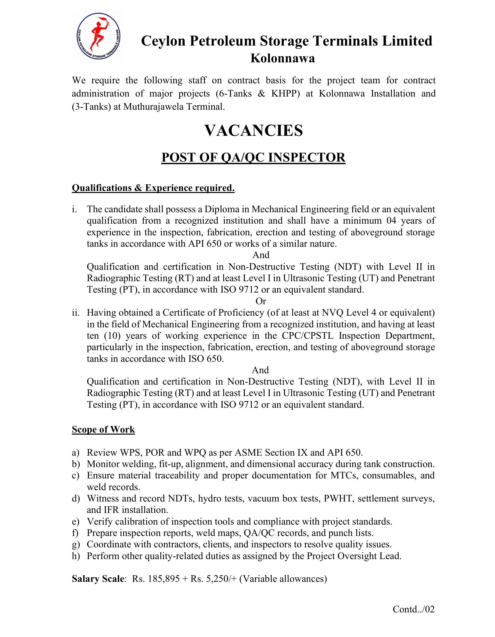 QA/QC Inspector - Ceylon Petroleum Storage Terminals Limited