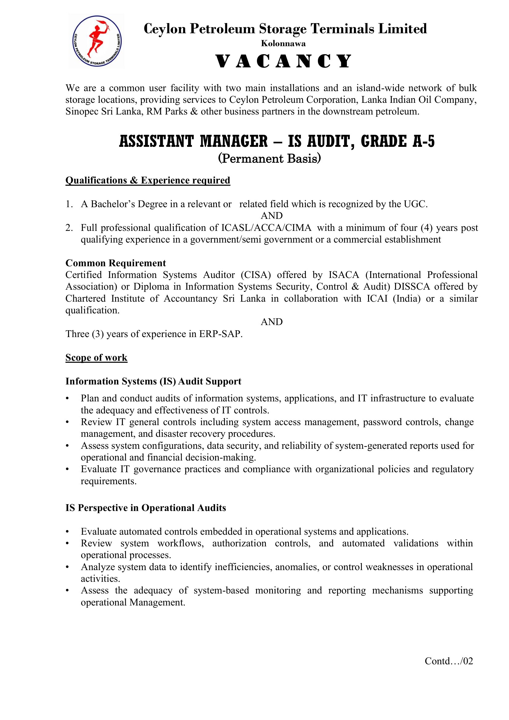Assistant Manager - Ceylon Petroleum Storage Terminals Limited