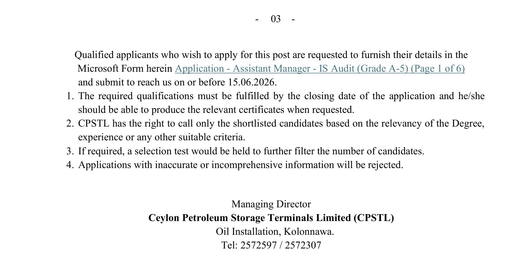 Assistant Manager - Ceylon Petroleum Storage Terminals Limited