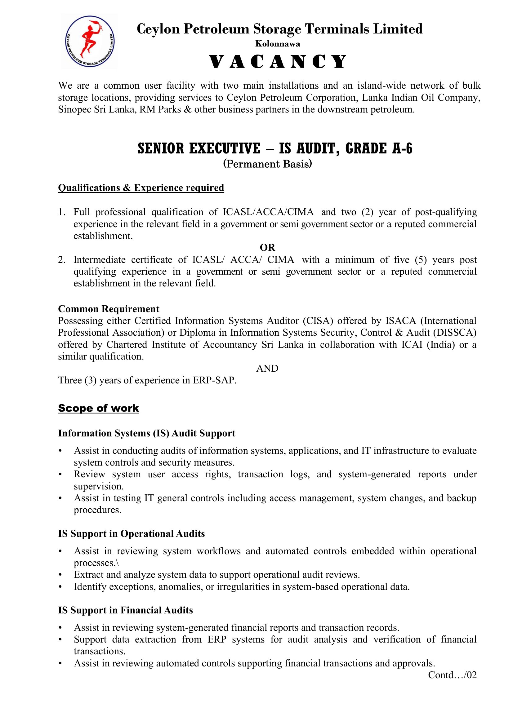 Senior Executive - Ceylon Petroleum Storage Terminals Limited