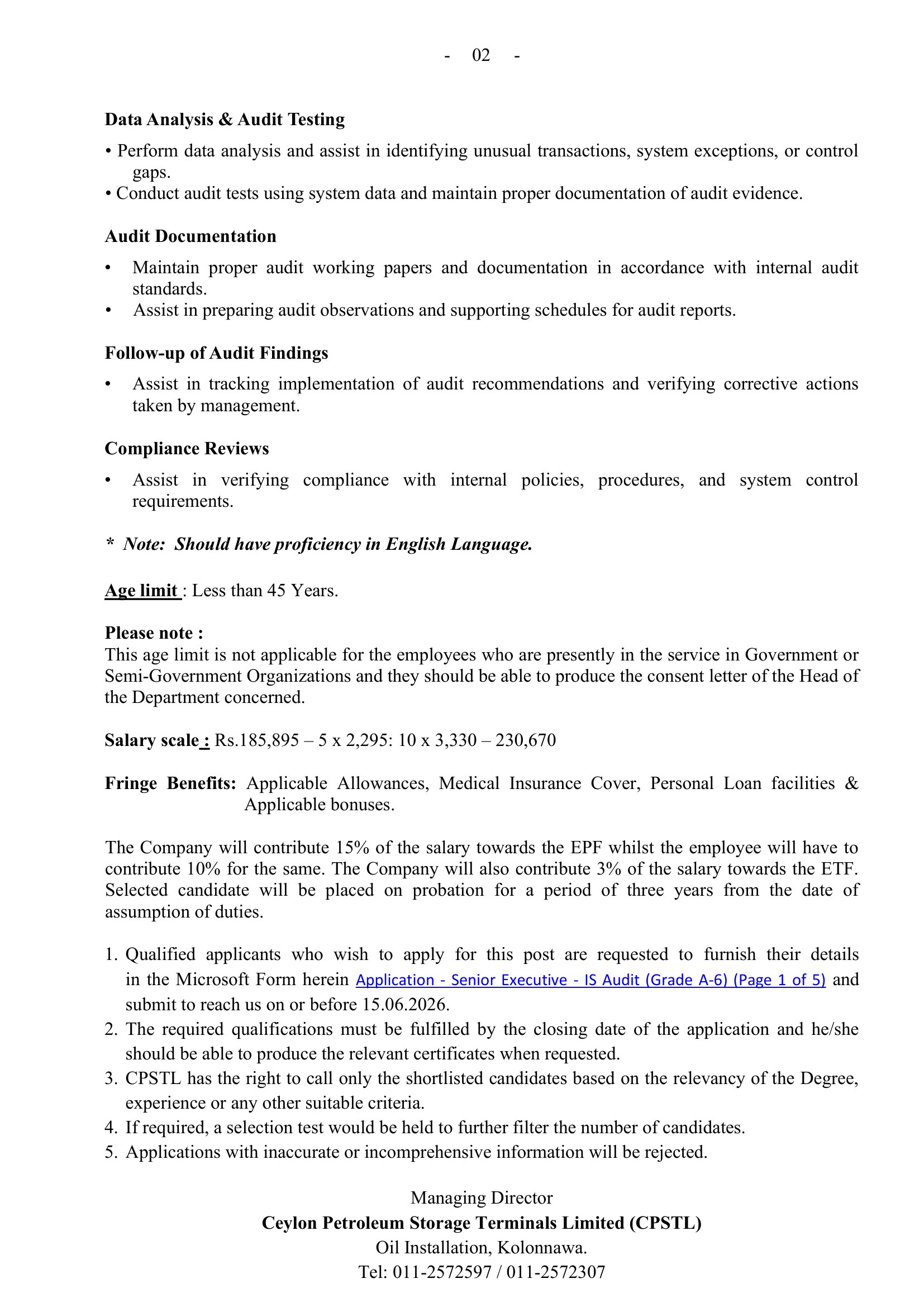 Senior Executive - Ceylon Petroleum Storage Terminals Limited