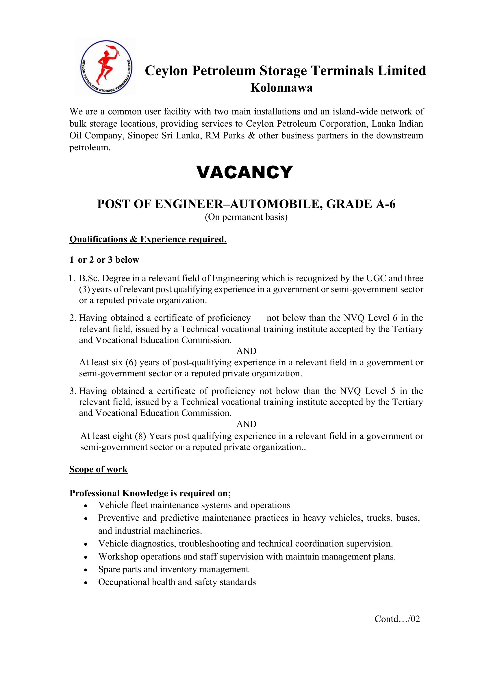 Engineer - Ceylon Petroleum Storage Terminals Limited