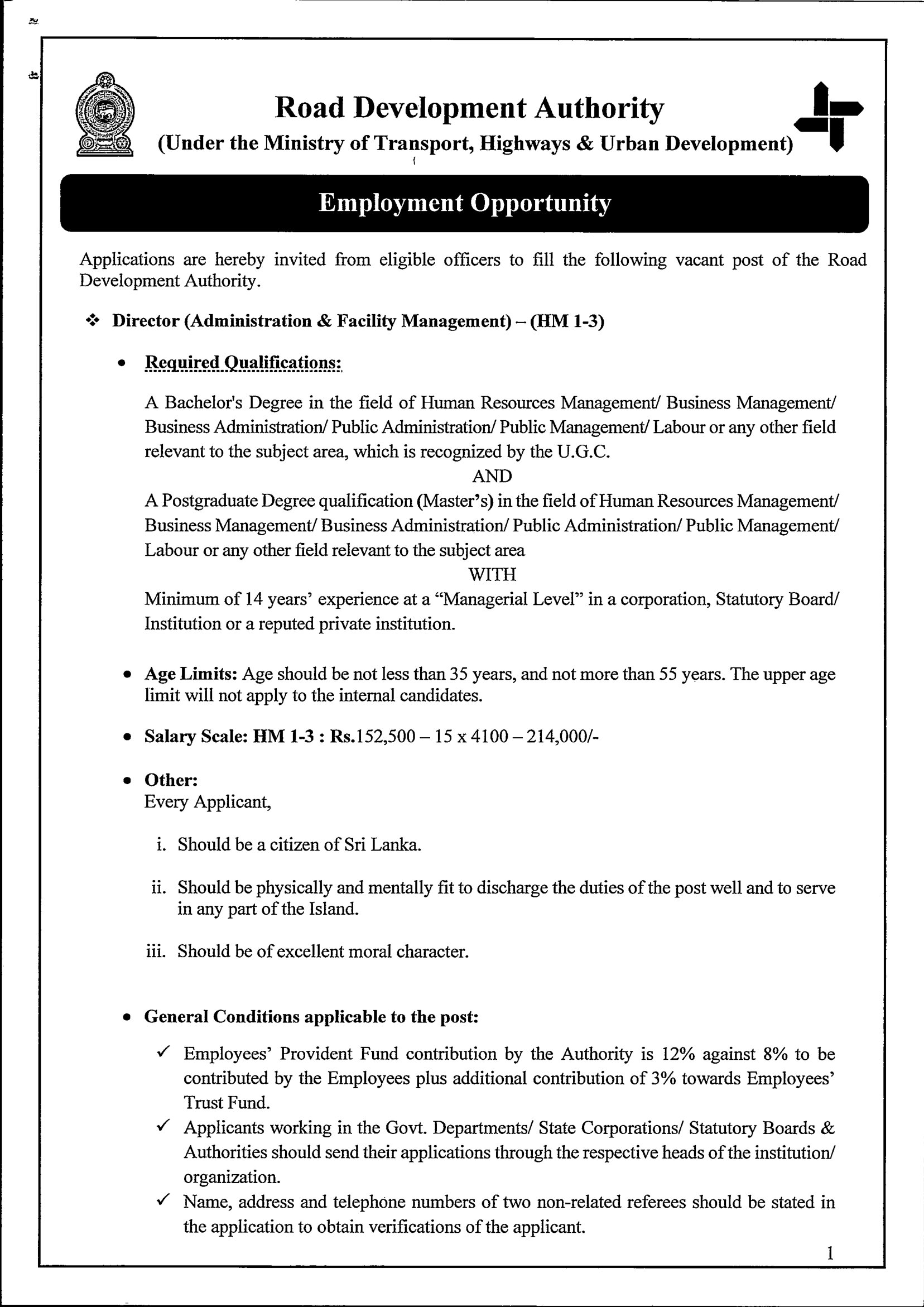 Director (Administration & Facility Management) - Road Development Authority