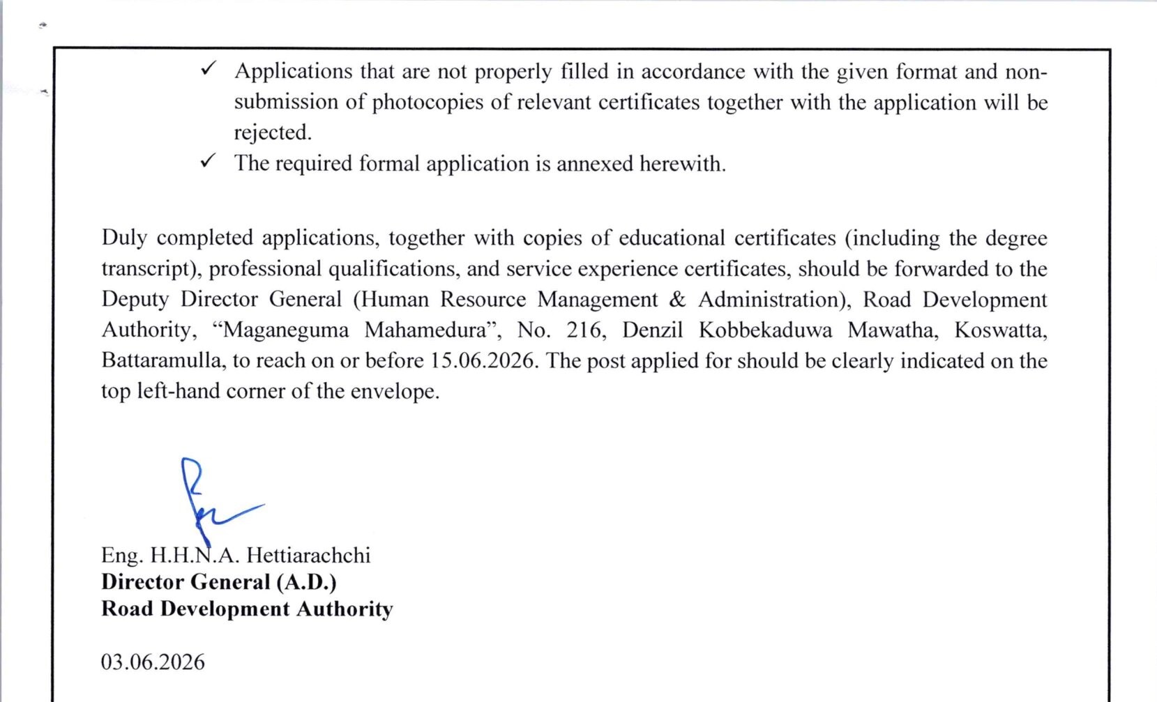 Director (Administration & Facility Management) - Road Development Authority