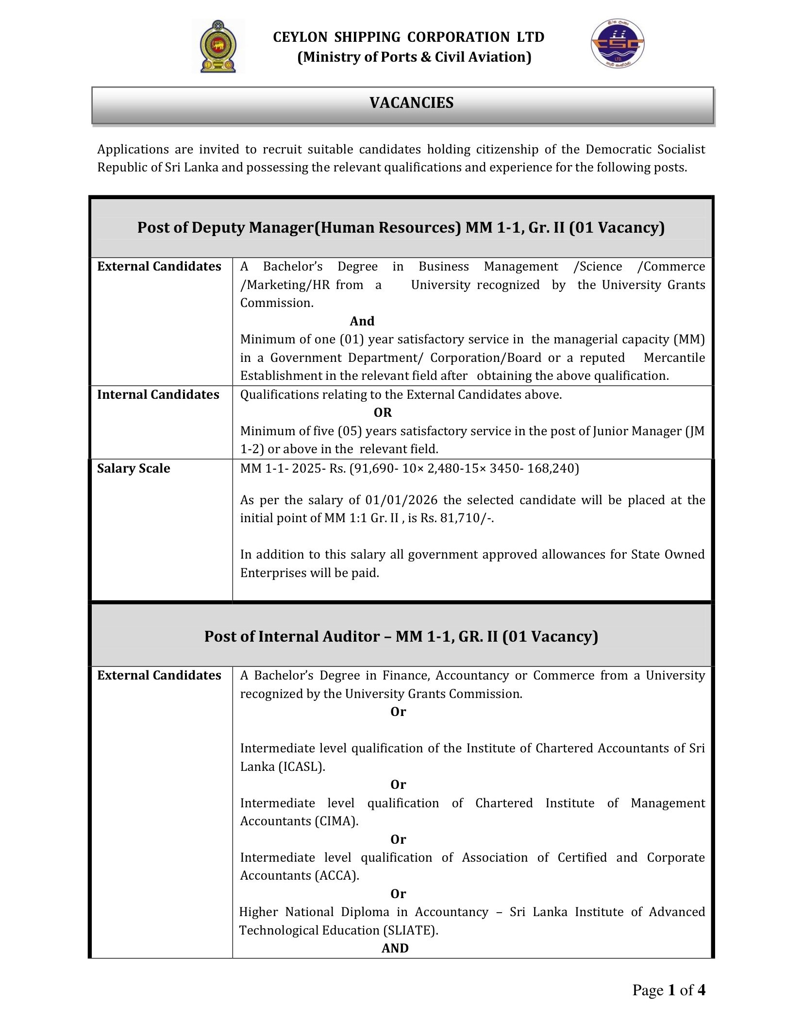 Deputy Manager (Human Resources), Internal Auditor, Assistant Manager, Assistant Accountant, Associate Officer - Ceylon Shipping Corporation Ltd
