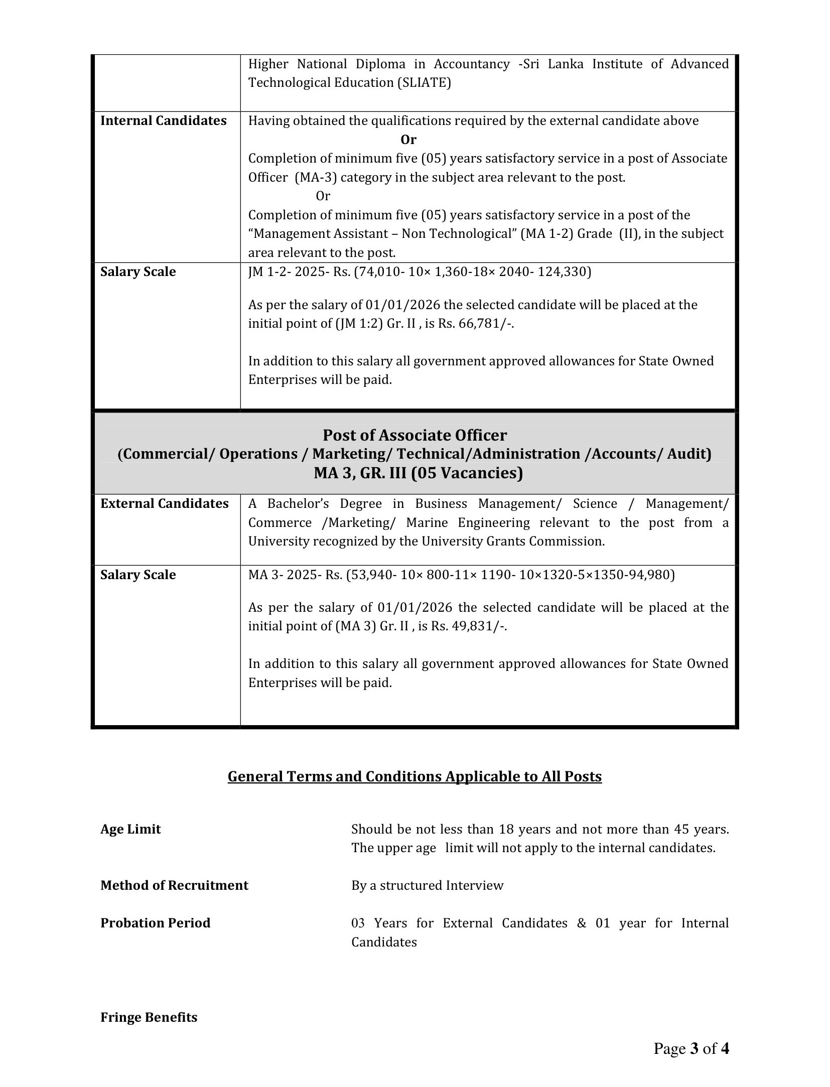 Deputy Manager (Human Resources), Internal Auditor, Assistant Manager, Assistant Accountant, Associate Officer - Ceylon Shipping Corporation Ltd