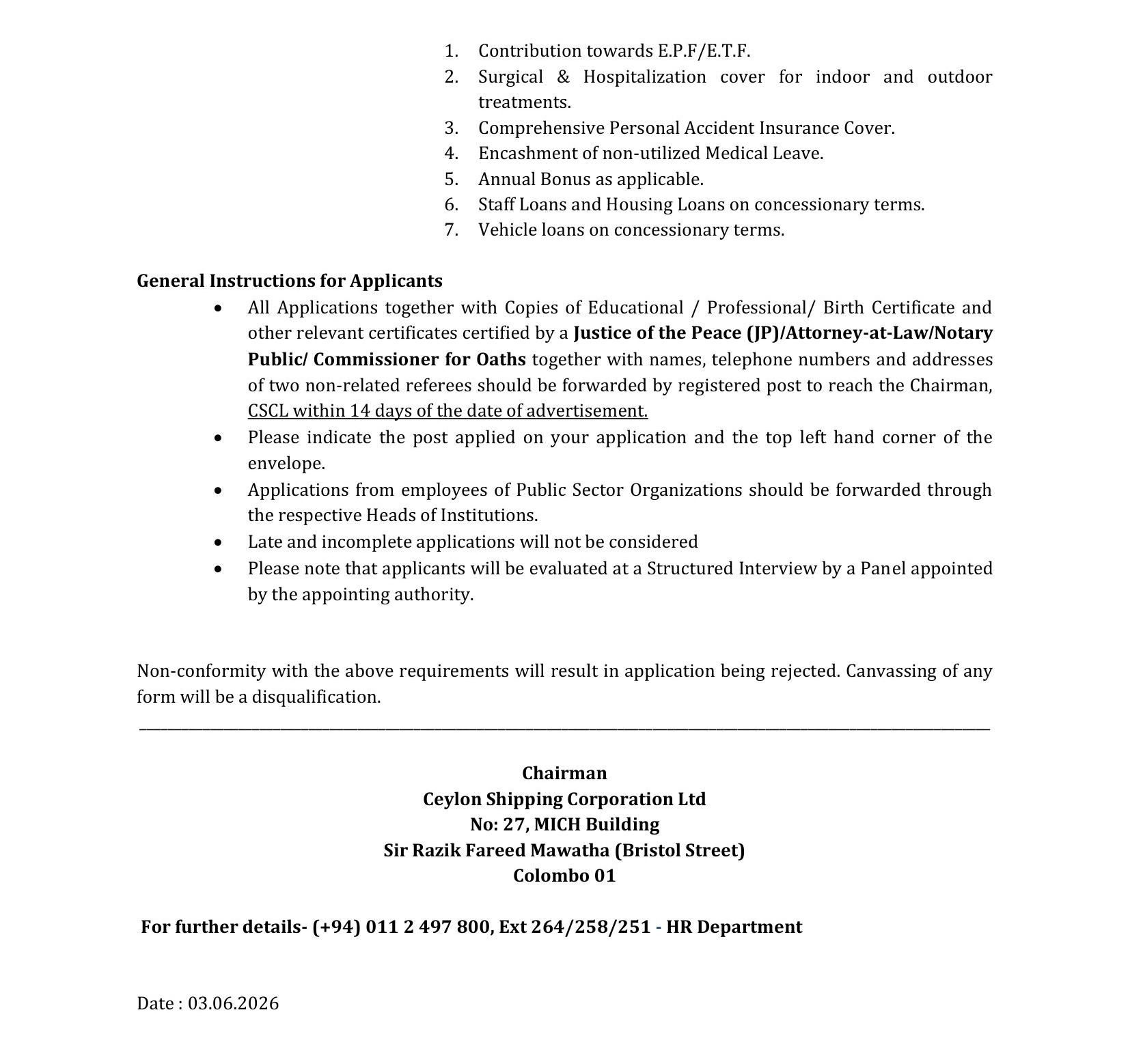 Deputy Manager (Human Resources), Internal Auditor, Assistant Manager, Assistant Accountant, Associate Officer - Ceylon Shipping Corporation Ltd
