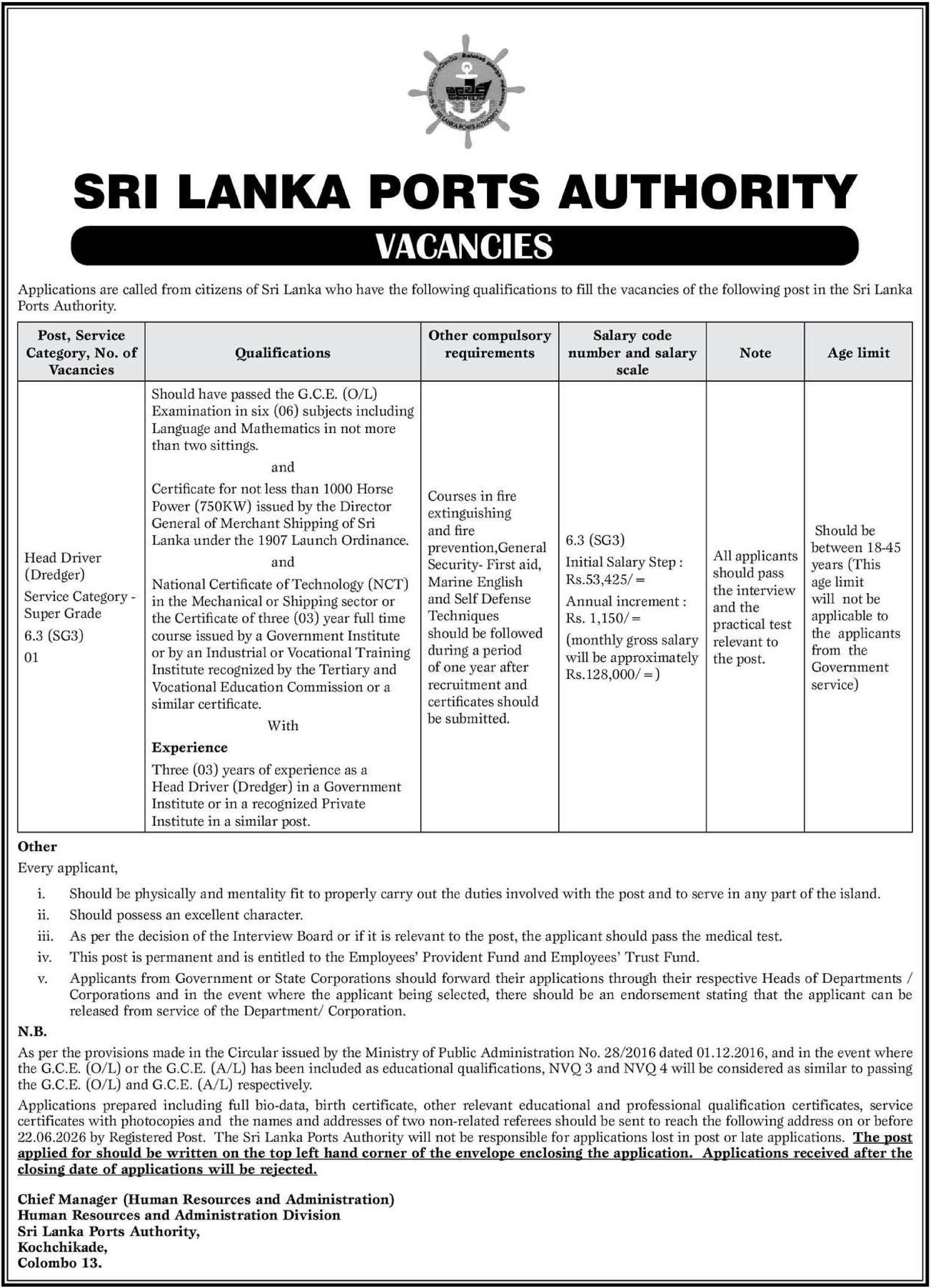 Head Driver - Sri Lanka Ports Authority