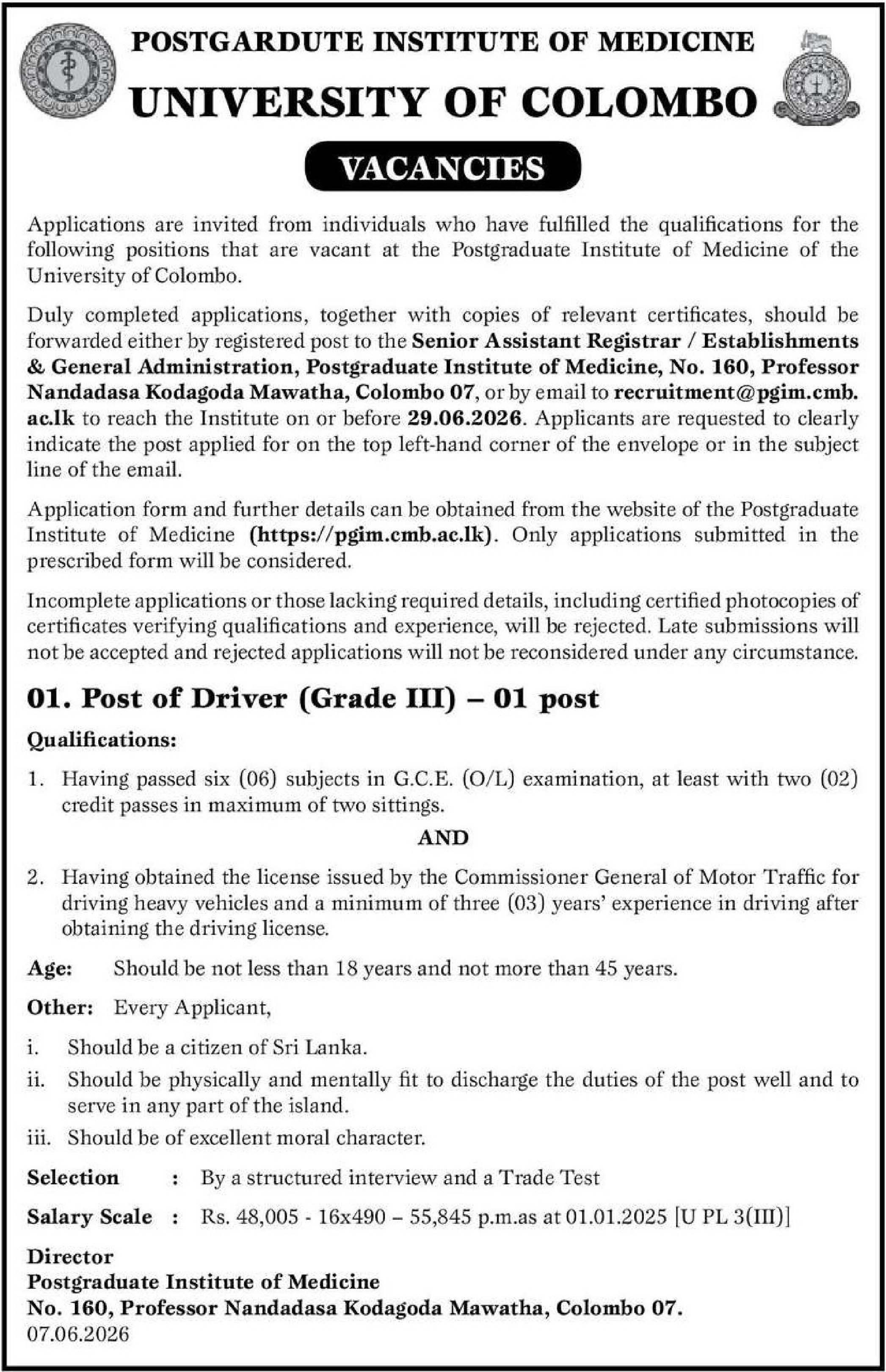 Driver - Postgraduate Institute of Medicine - University of Colombo