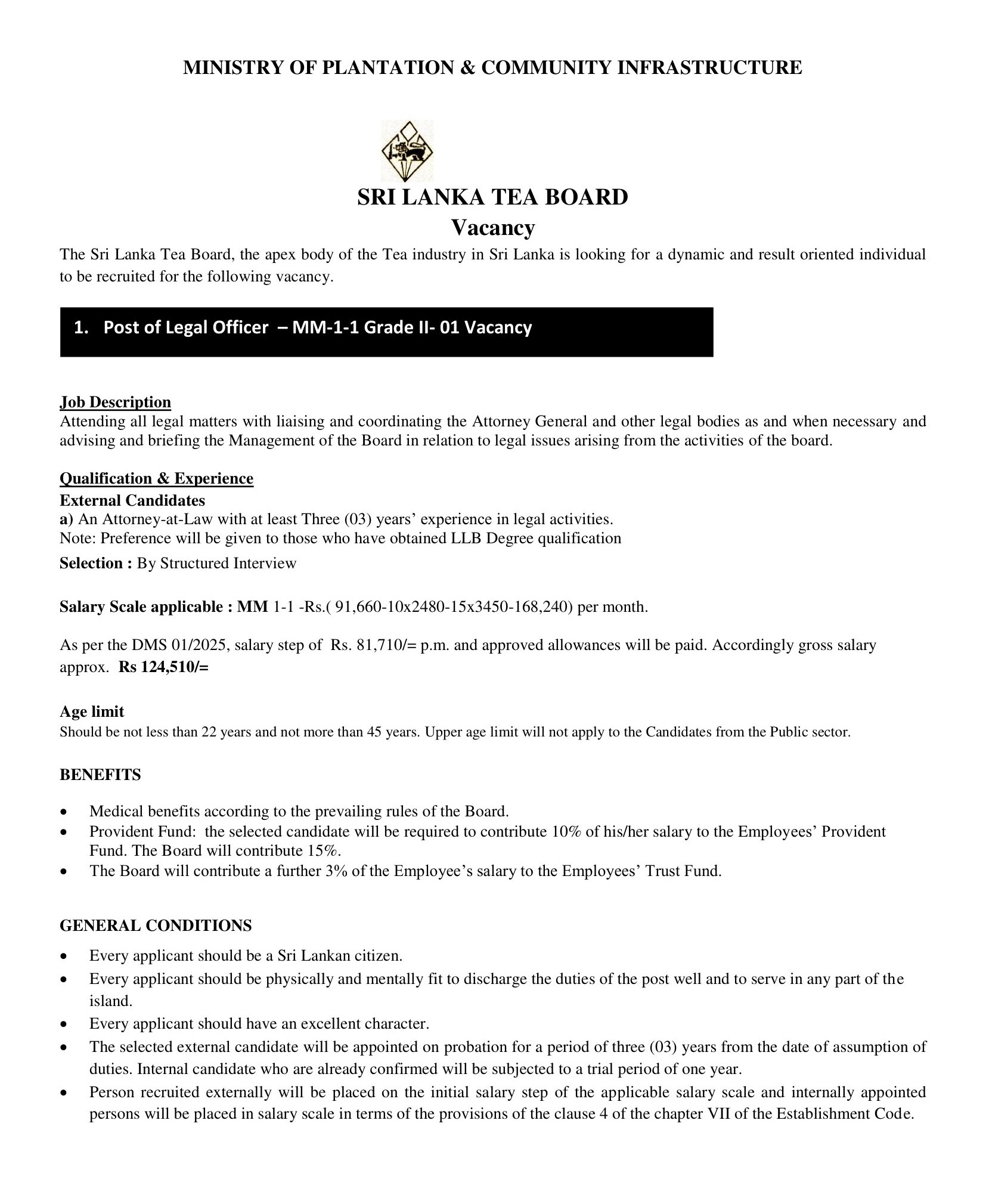 Legal Officer - Sri Lanka Tea Board