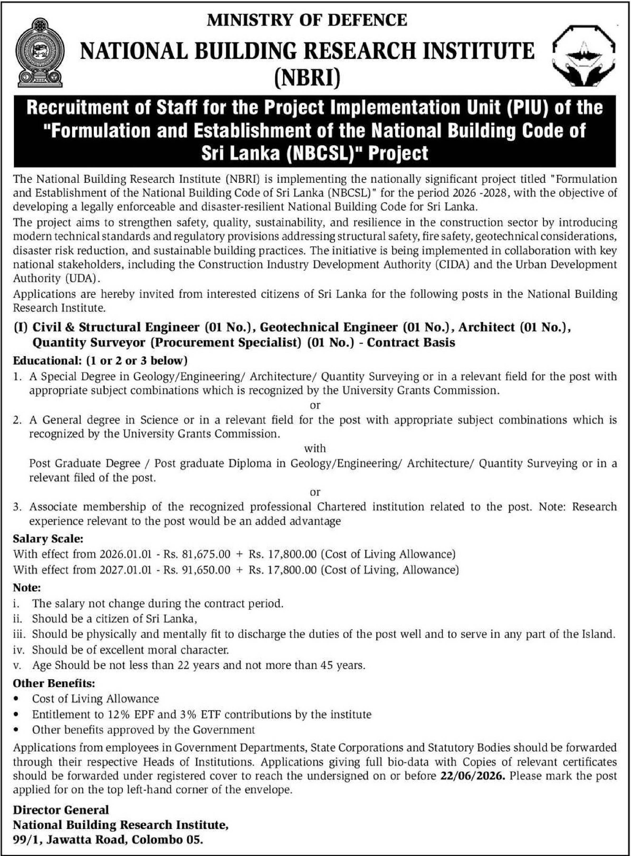 Civil & Structural Engineer, Geotechnical Engineer, Architect, Quantity Surveyor - National Building Research Institute