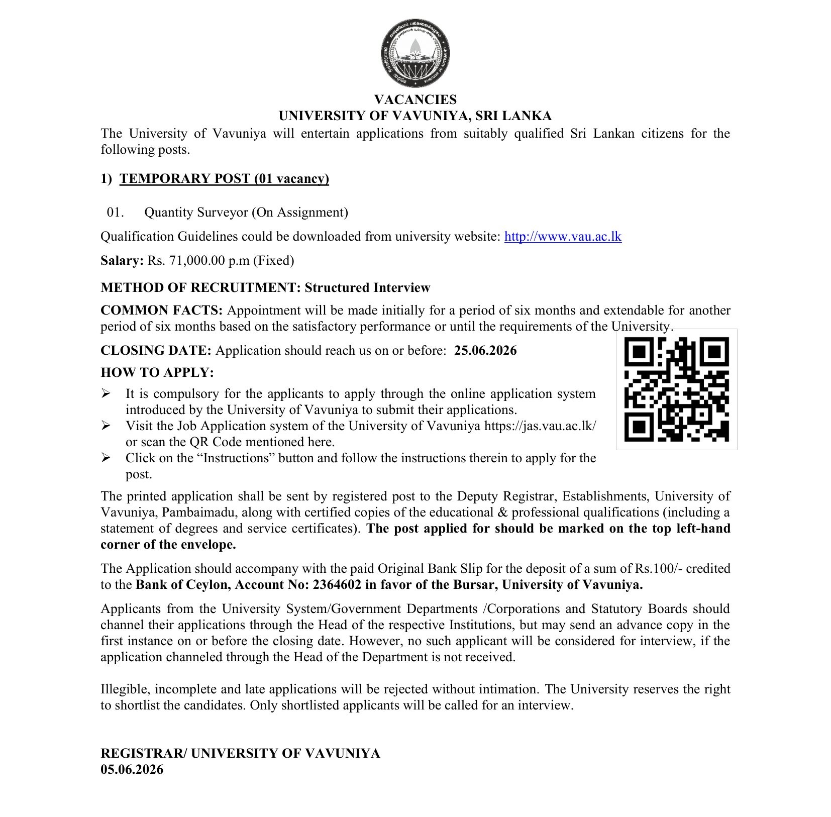 Quantity Surveyor - University of Vavuniya