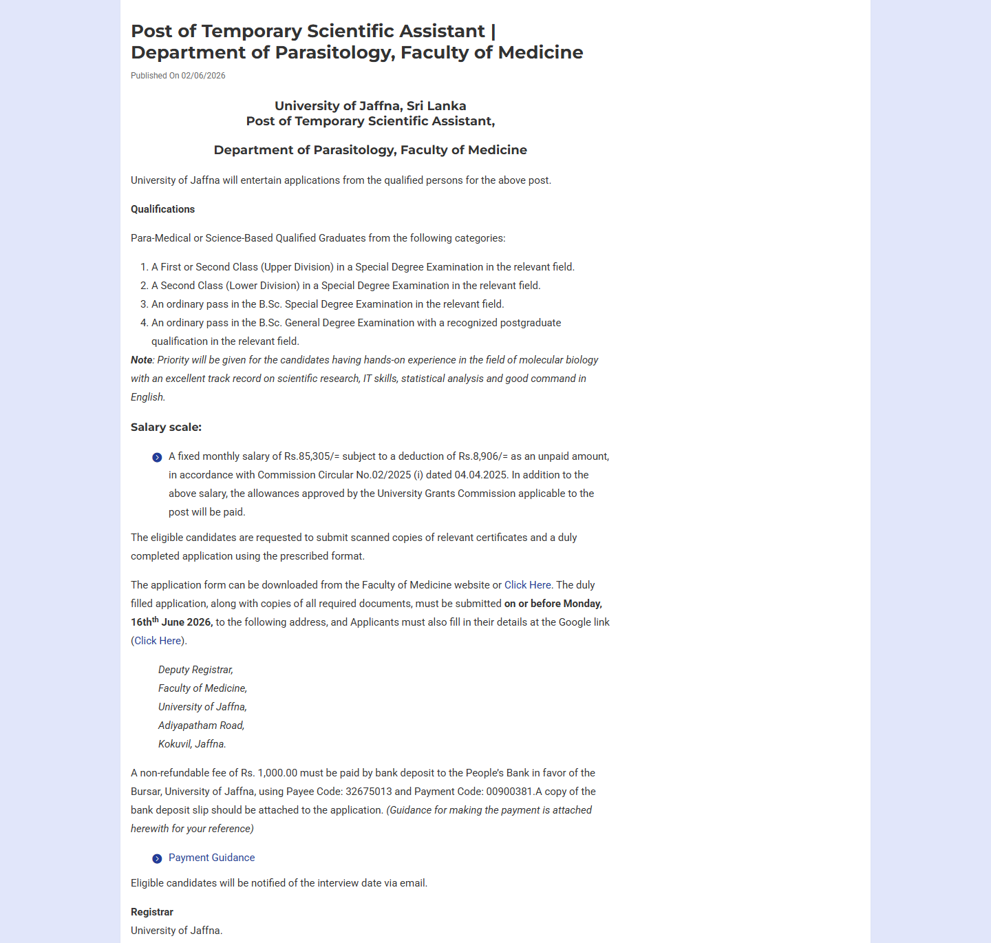 Scientific Assistant - University of Jaffna