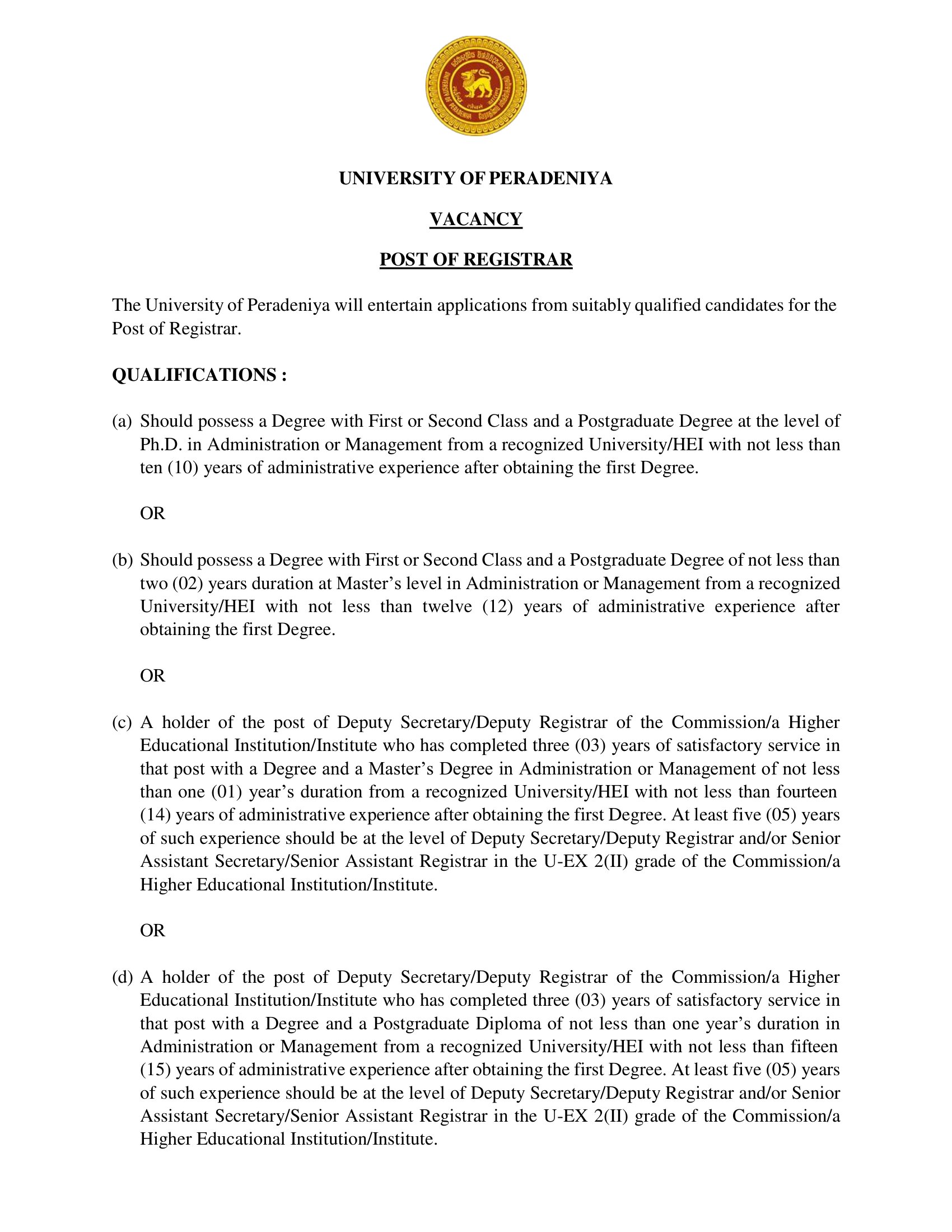 Registrar - University of Peradeniya