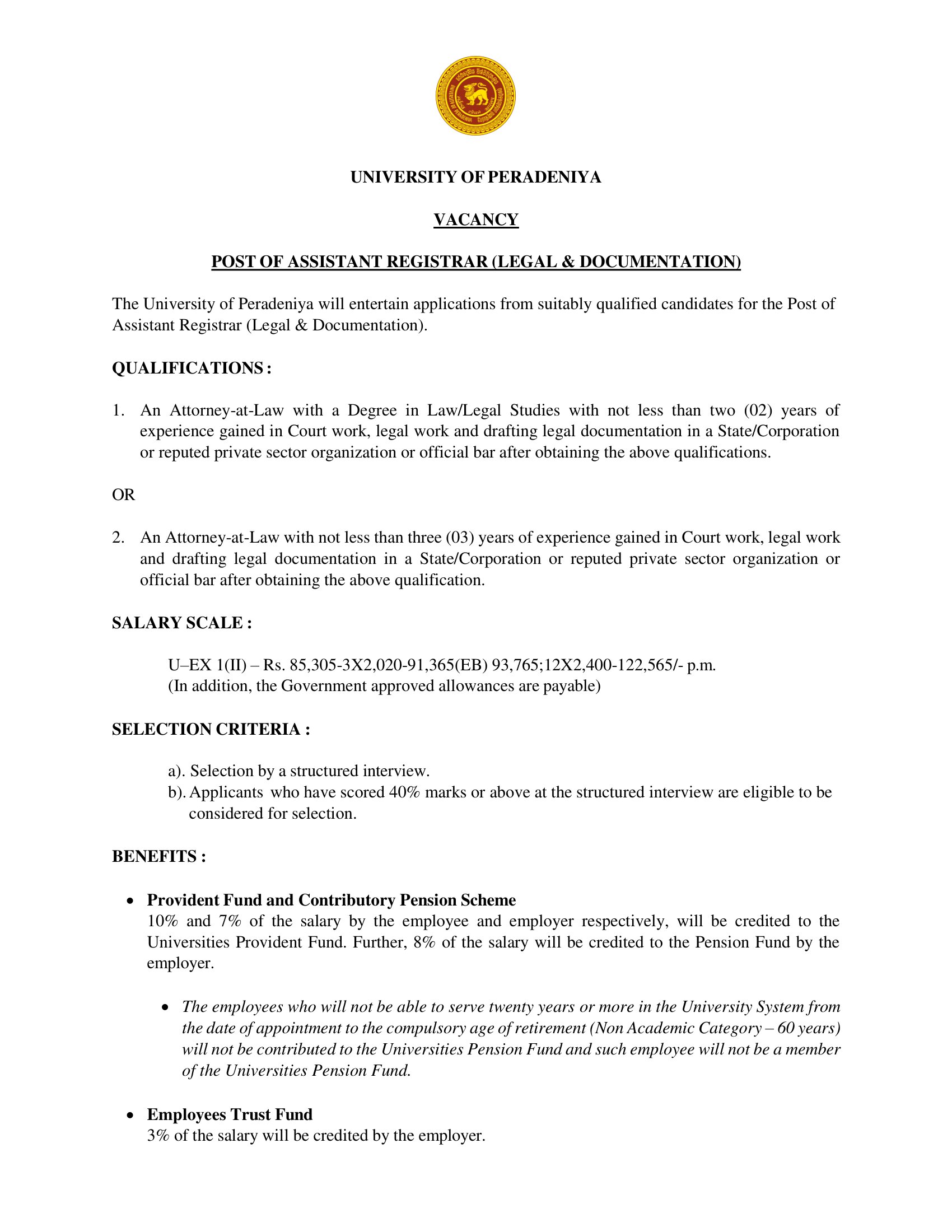 Assistant Registrar (Legal & Documentation) - University of Peradeniya