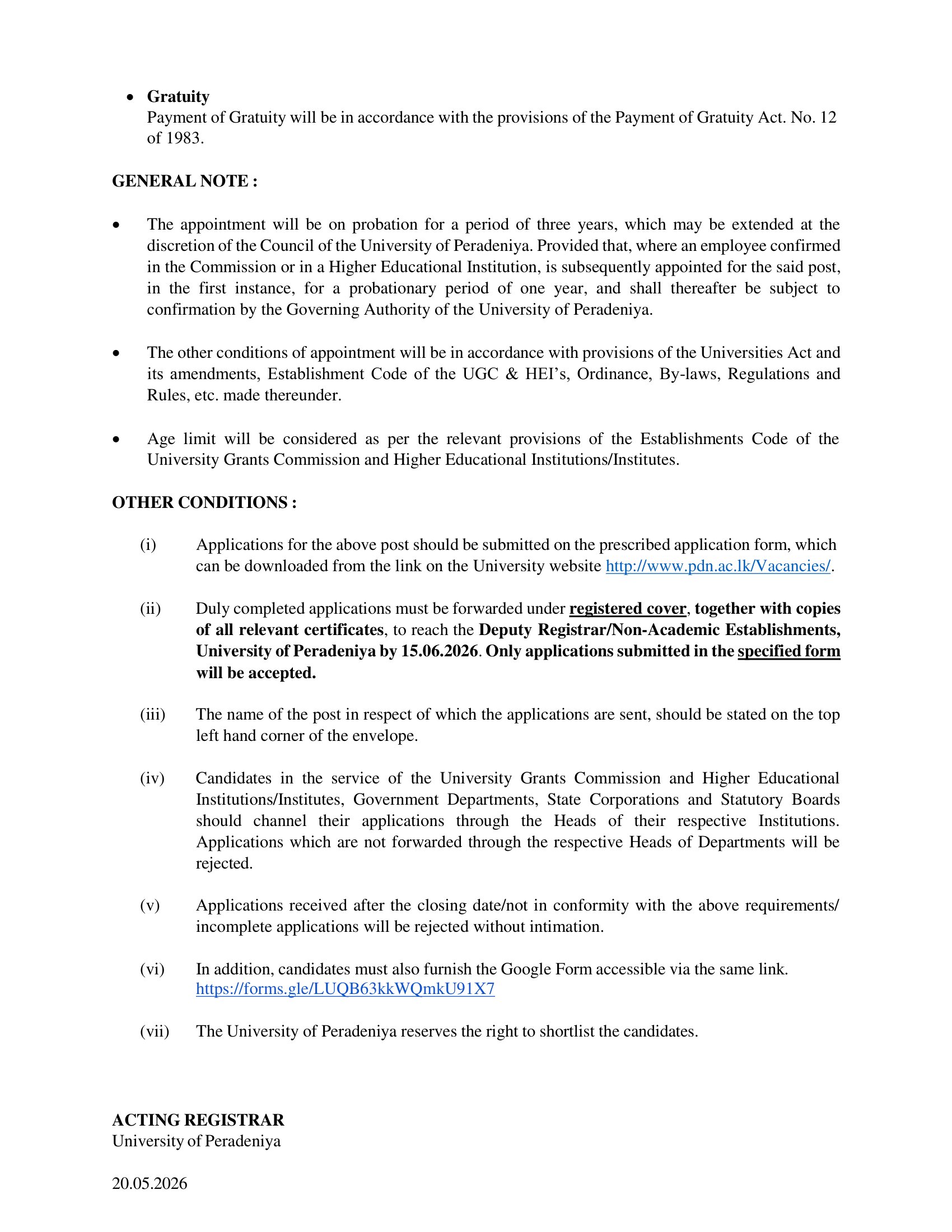 Assistant Registrar (Legal & Documentation) - University of Peradeniya