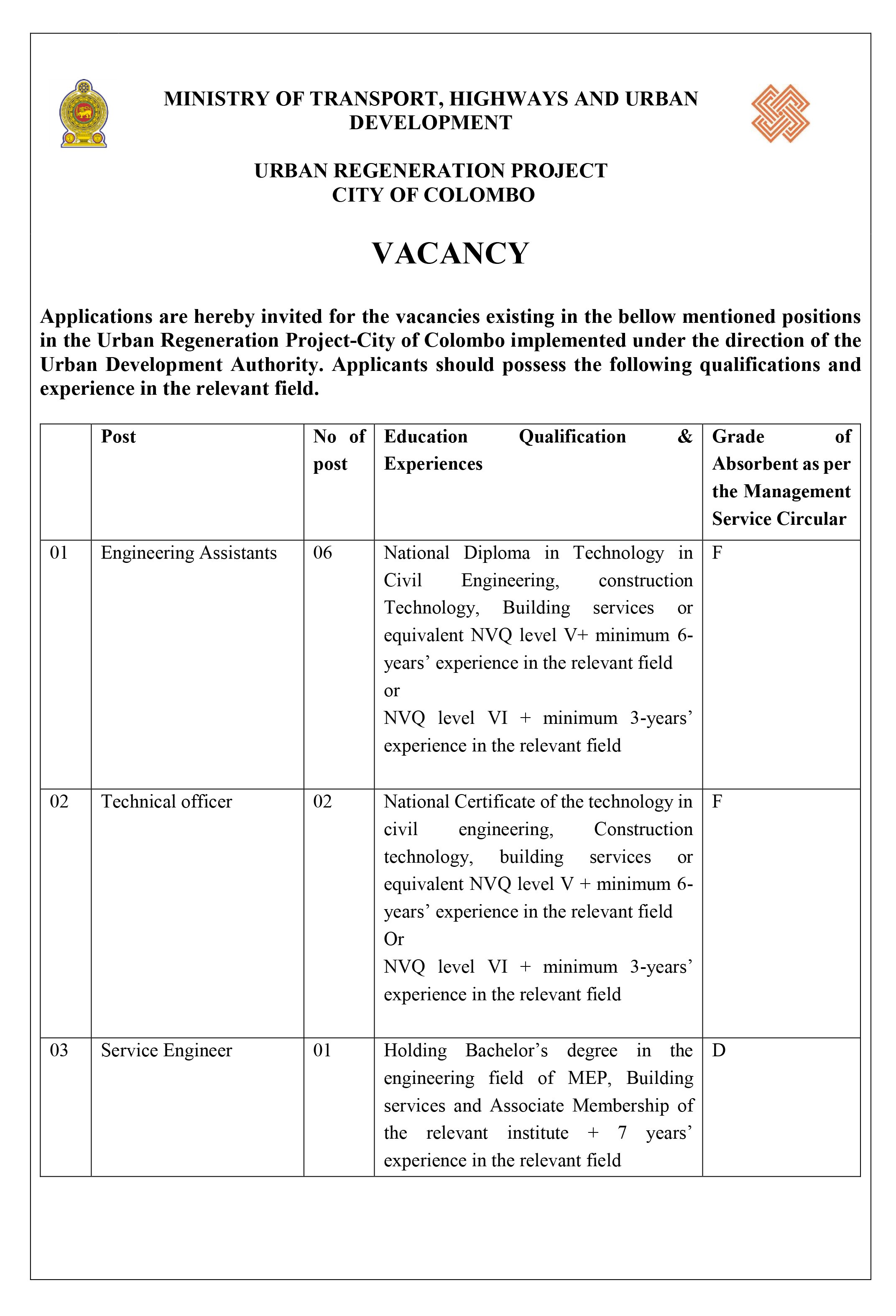 Engineering Assistant, Technical Officer, Service Engineer - Urban Development Authority