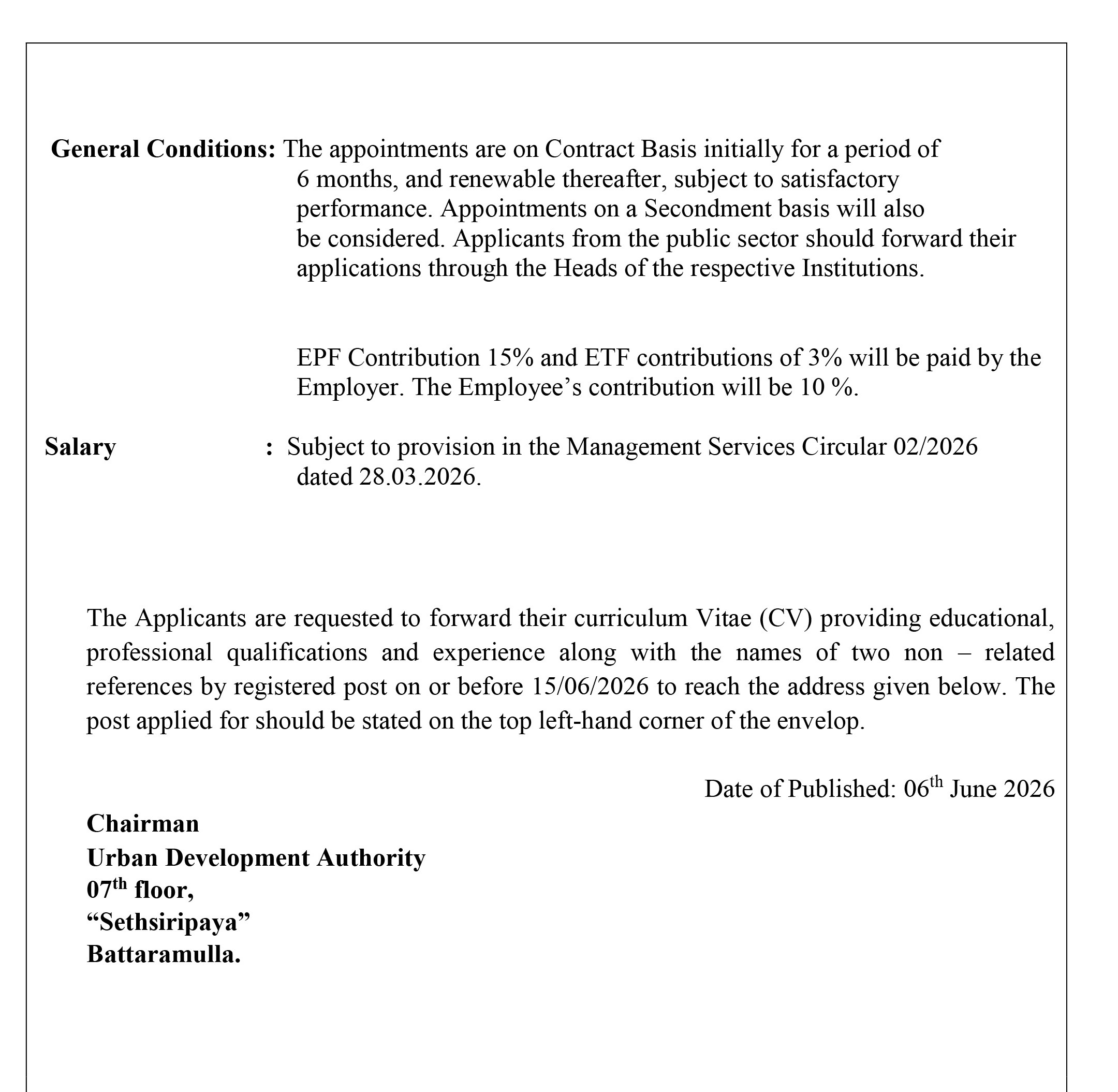 Engineering Assistant, Technical Officer, Service Engineer - Urban Development Authority