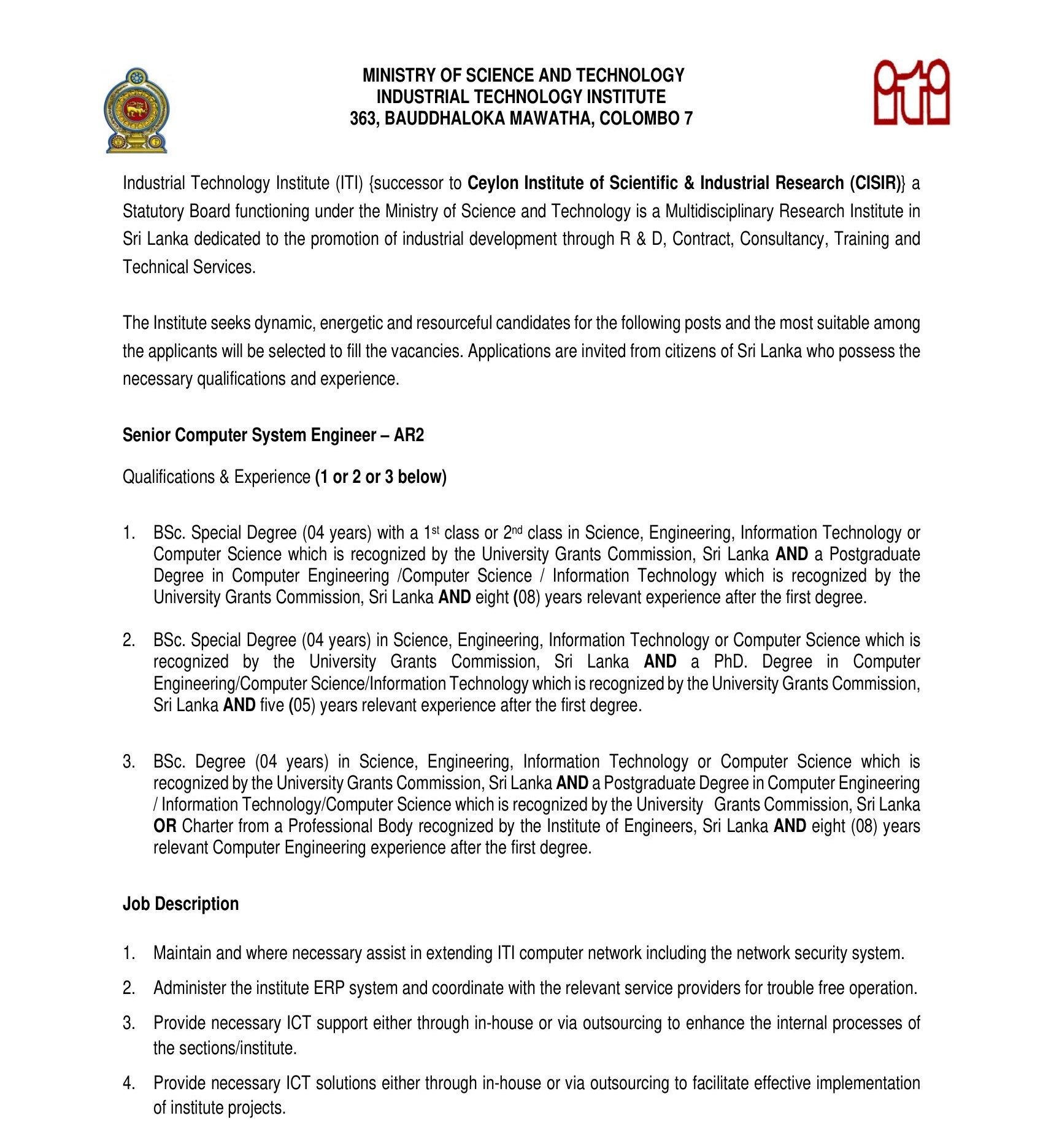 Senior Computer System Engineer - Industrial Technology Institute