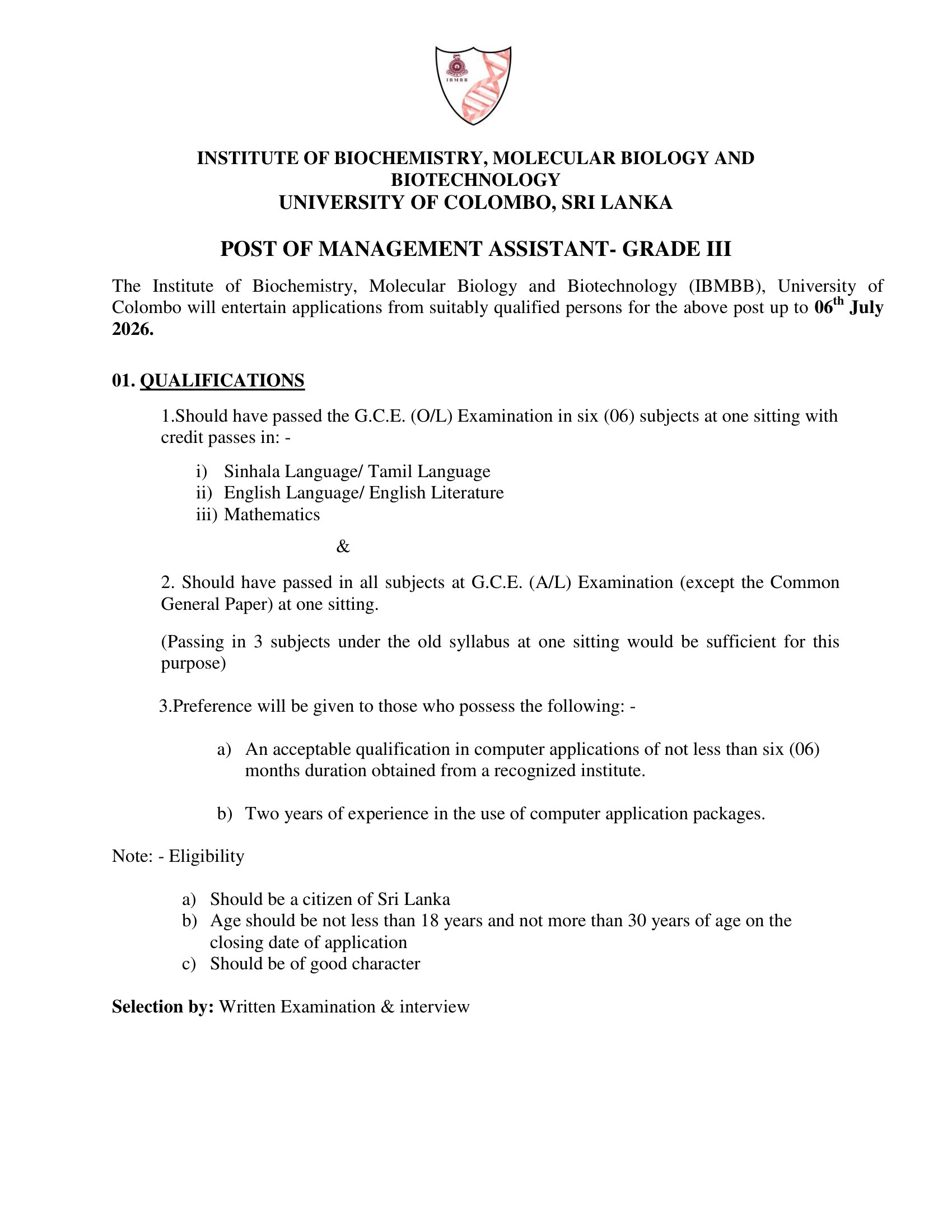 Management Assistant - Institute of Biochemistry, Molecular Biology & Biotechnology - University of Colombo