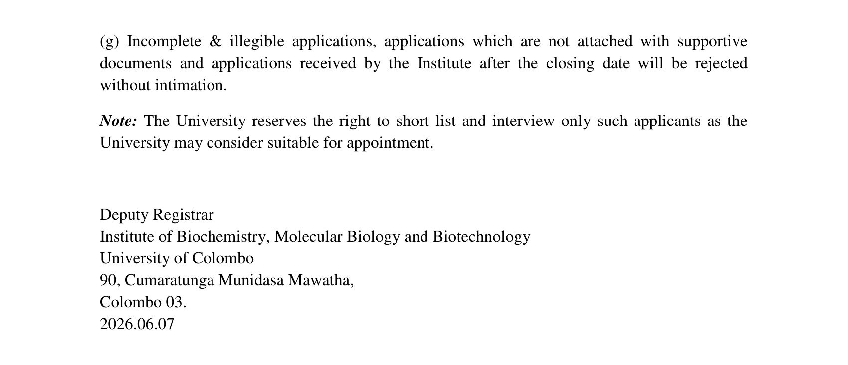 Management Assistant - Institute of Biochemistry, Molecular Biology & Biotechnology - University of Colombo