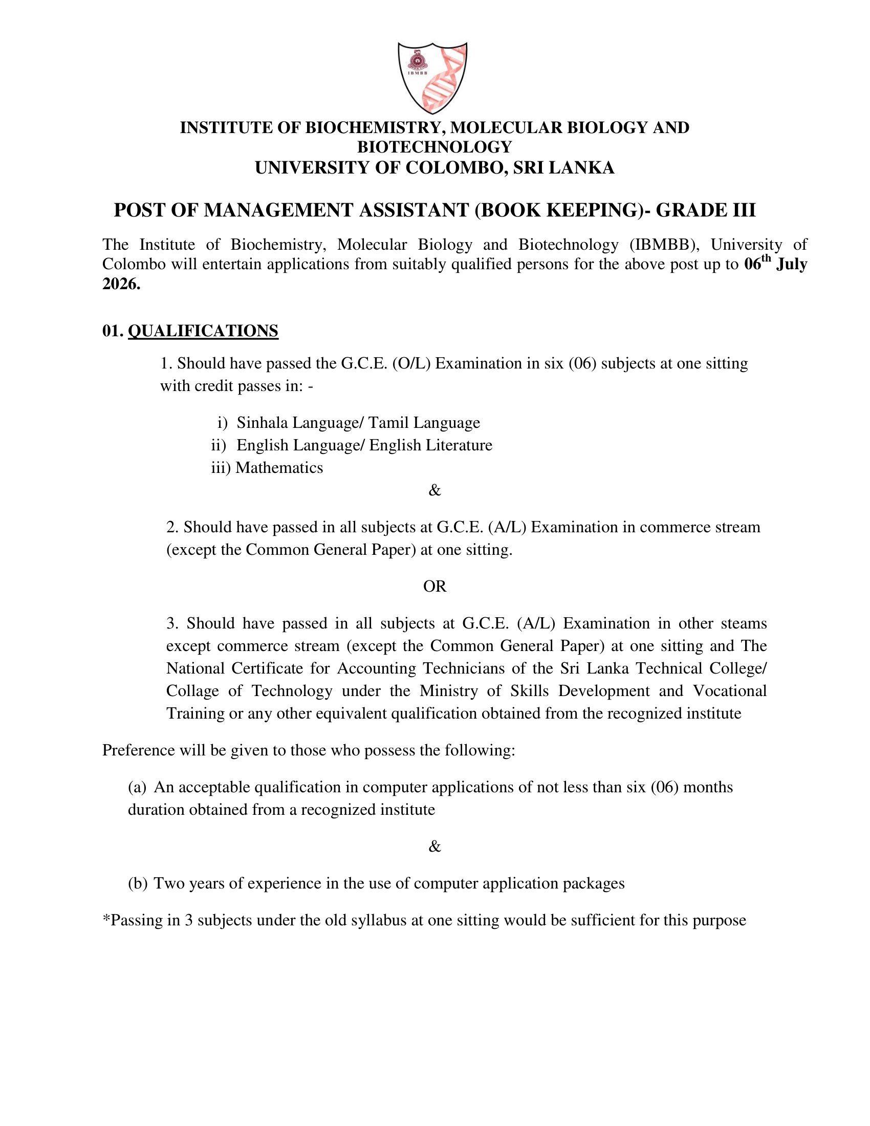 Management Assistant (Book Keeping) - Institute of Biochemistry, Molecular Biology & Biotechnology - University of Colombo