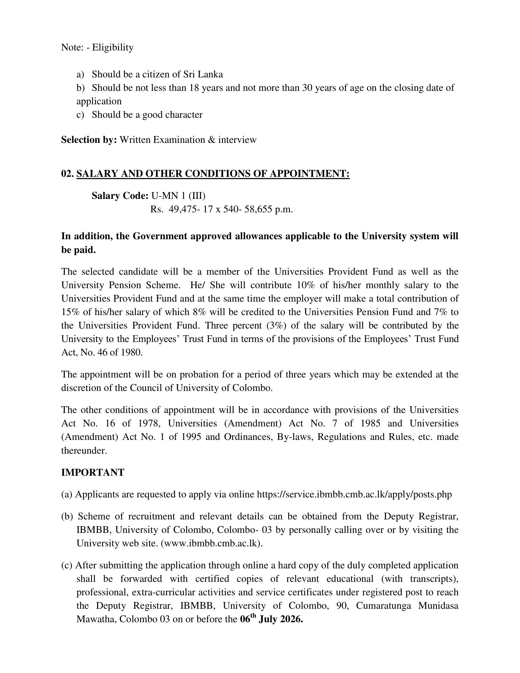 Management Assistant (Book Keeping) - Institute of Biochemistry, Molecular Biology & Biotechnology - University of Colombo