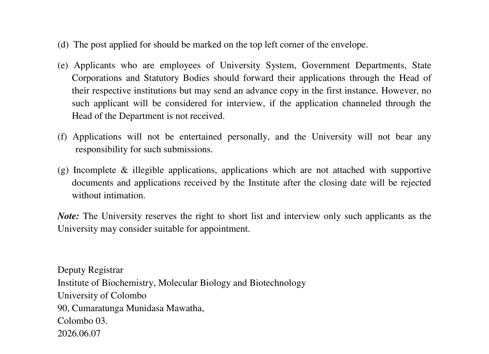 Management Assistant (Book Keeping) - Institute of Biochemistry, Molecular Biology & Biotechnology - University of Colombo