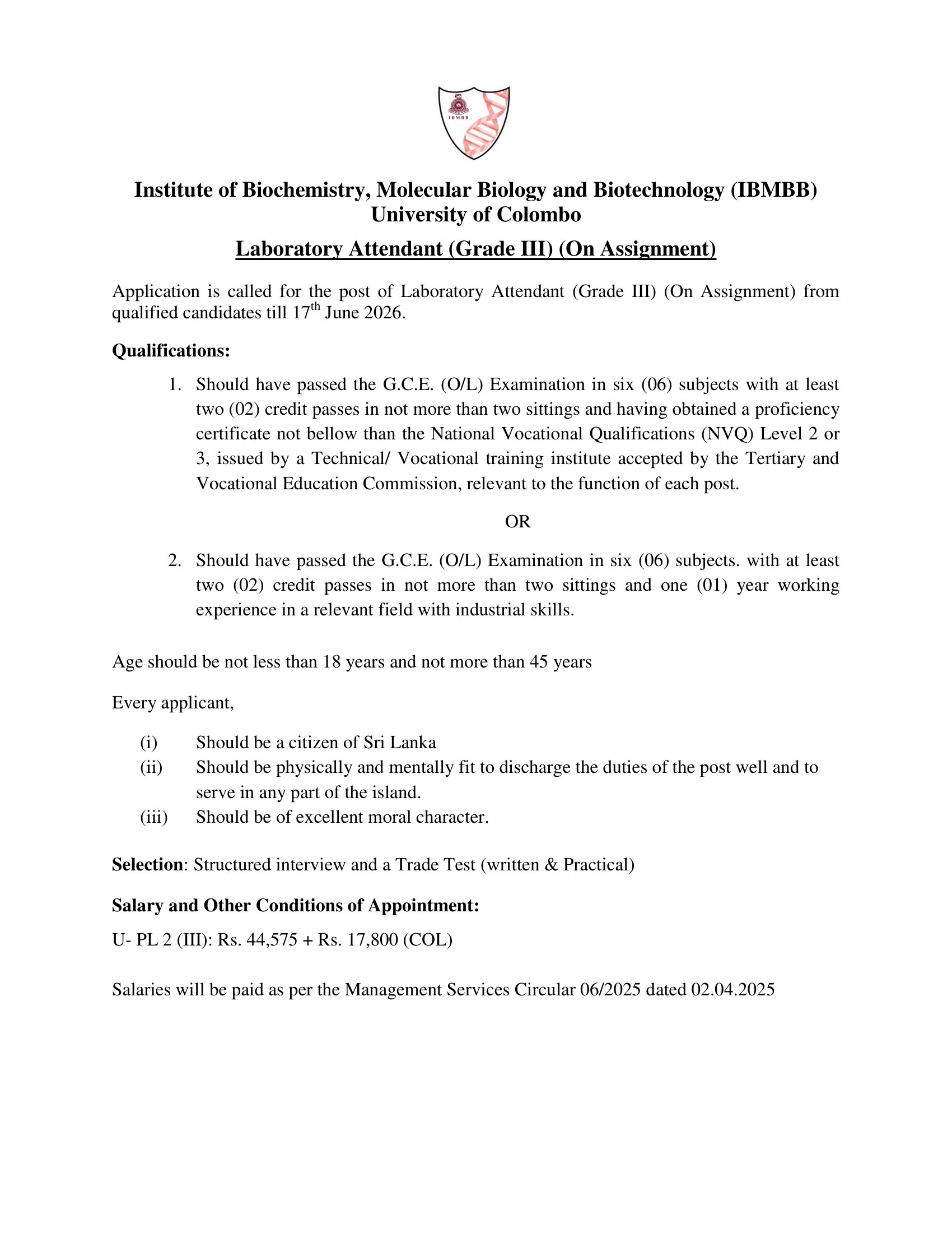 Laboratory Attendant - Institute of Biochemistry, Molecular Biology & Biotechnology - University of Colombo
