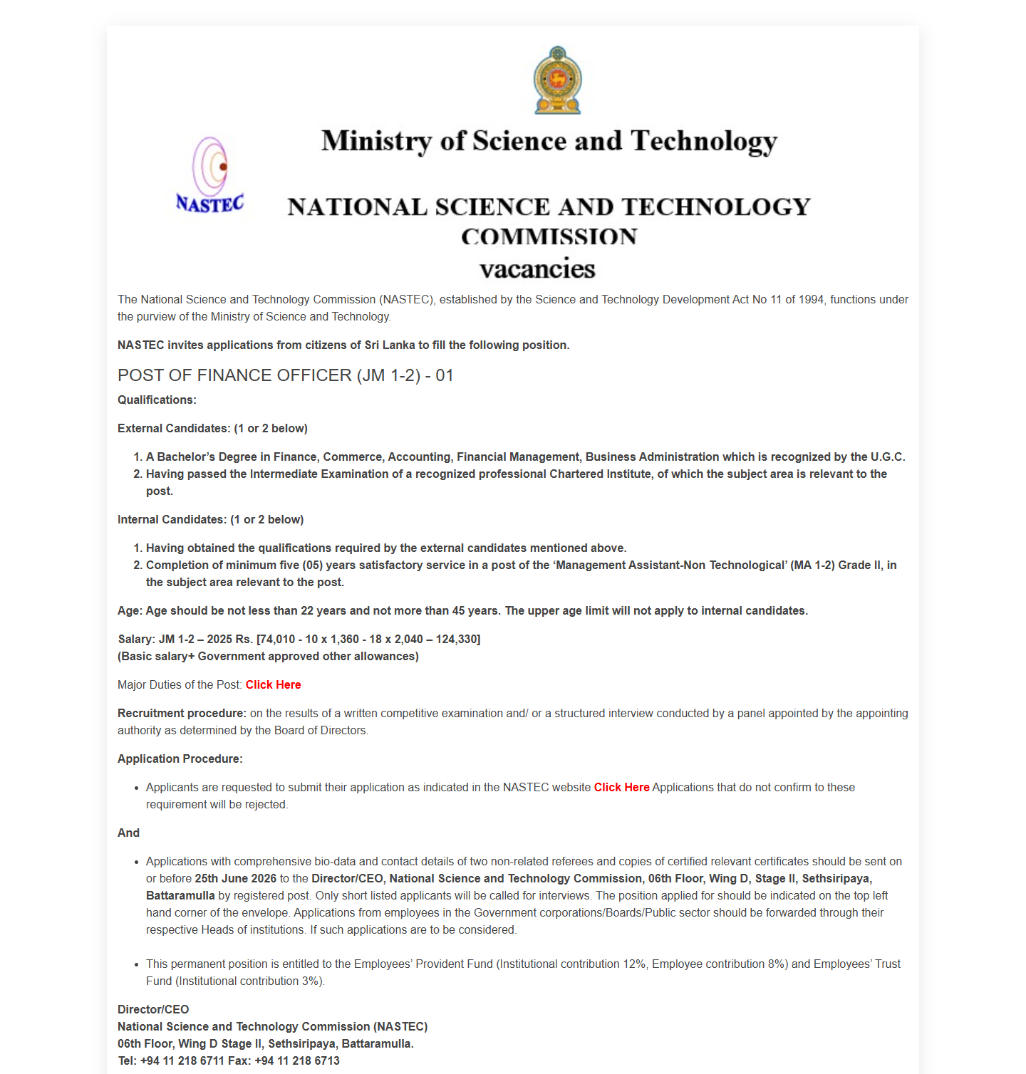 Finance Officer - National Science Technology Commission