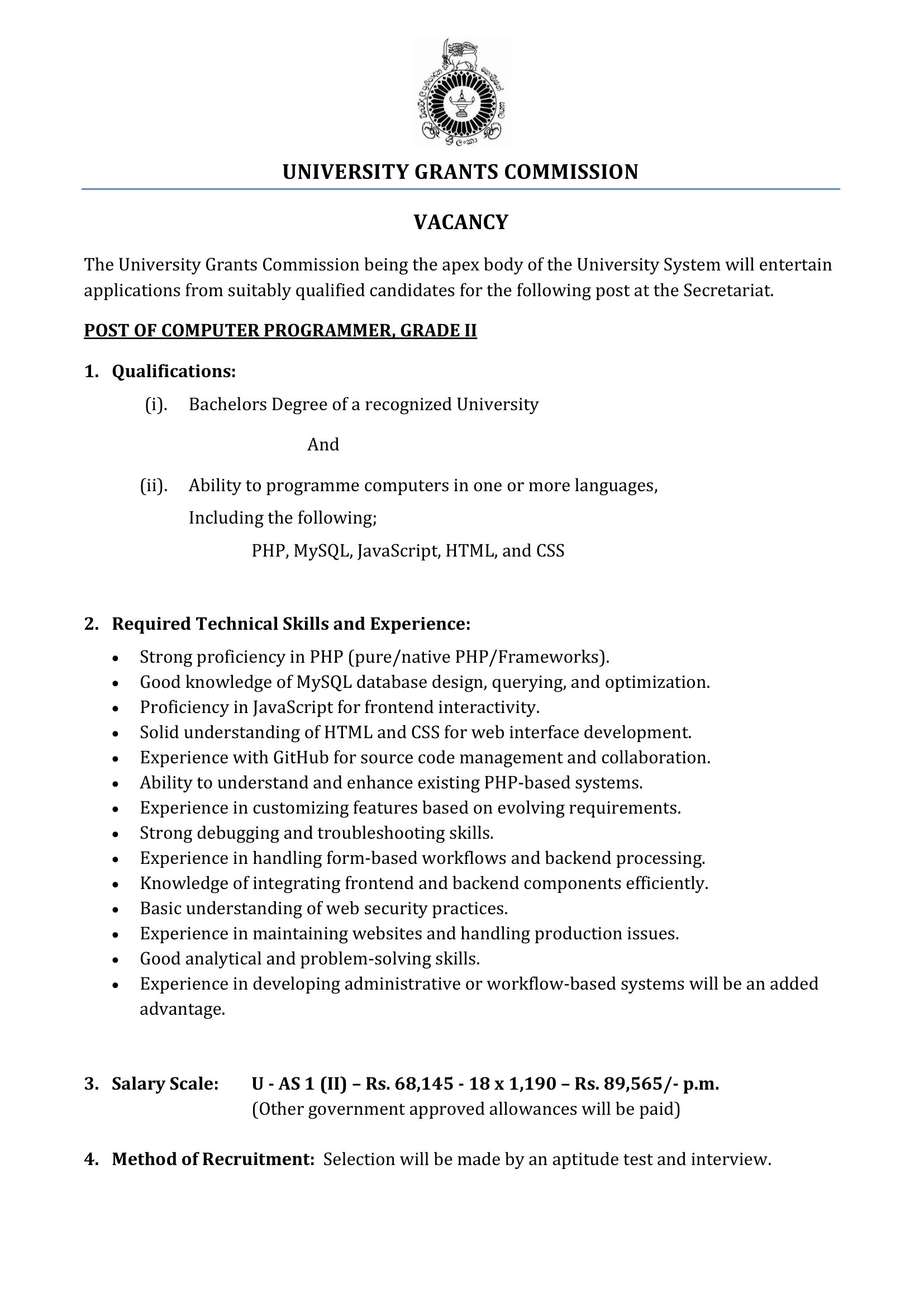 Computer Programmer - University Grants Commission
