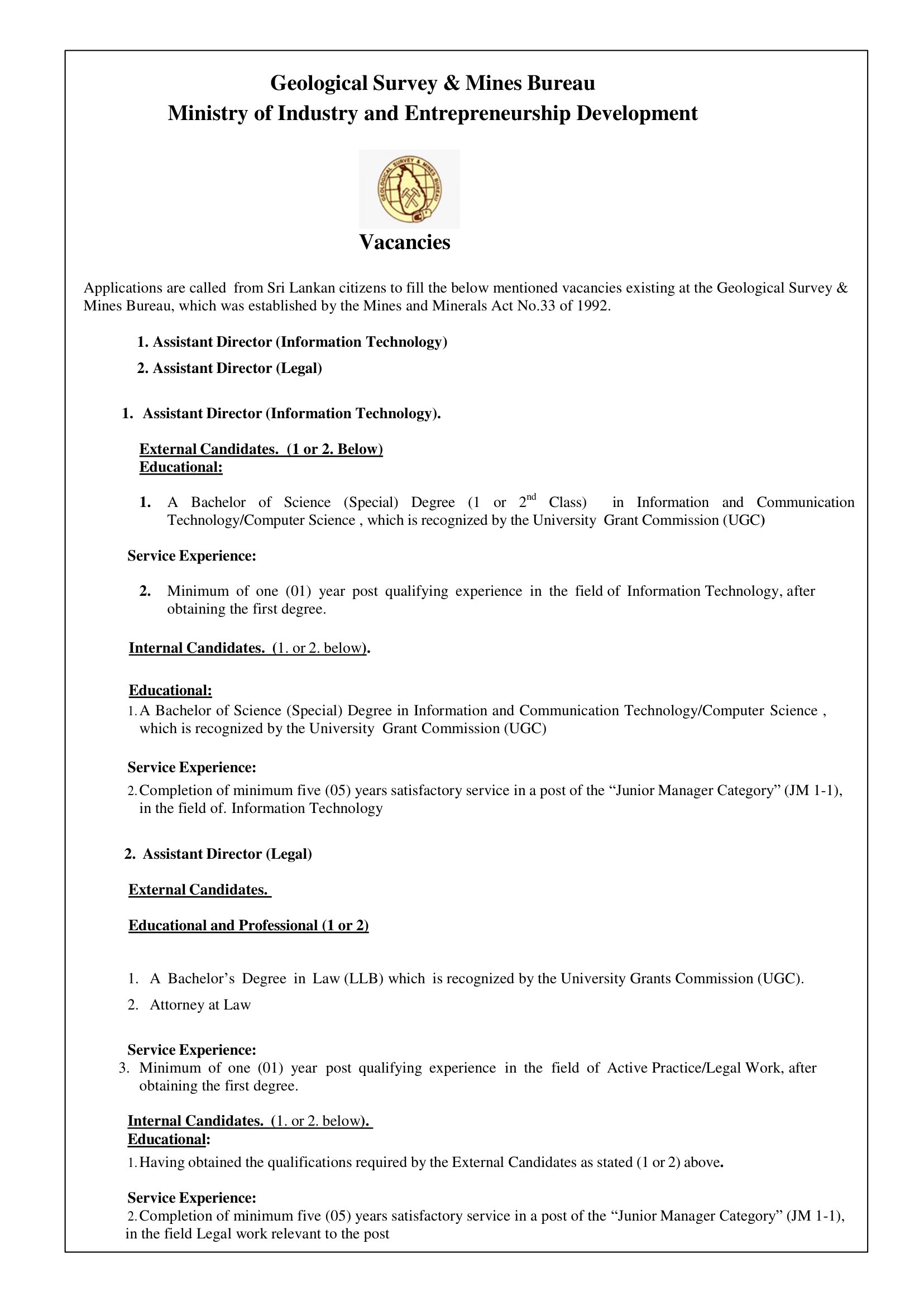 Assistant Director (Information Technology, Legal) - Geological Survey & Mines Bureau