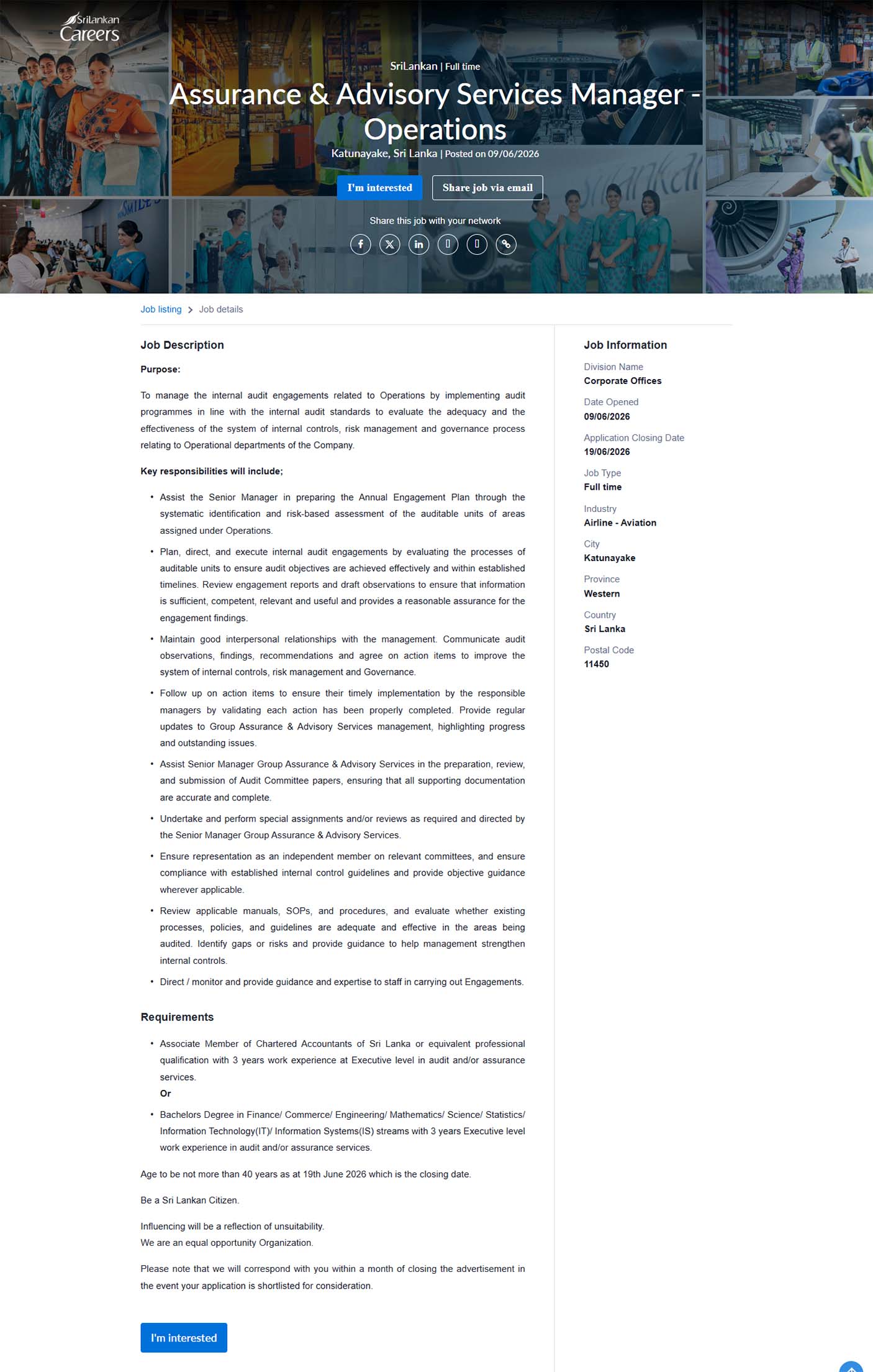 Assurance & Advisory Services Manager (Operations) - SriLankan Airlines Limited