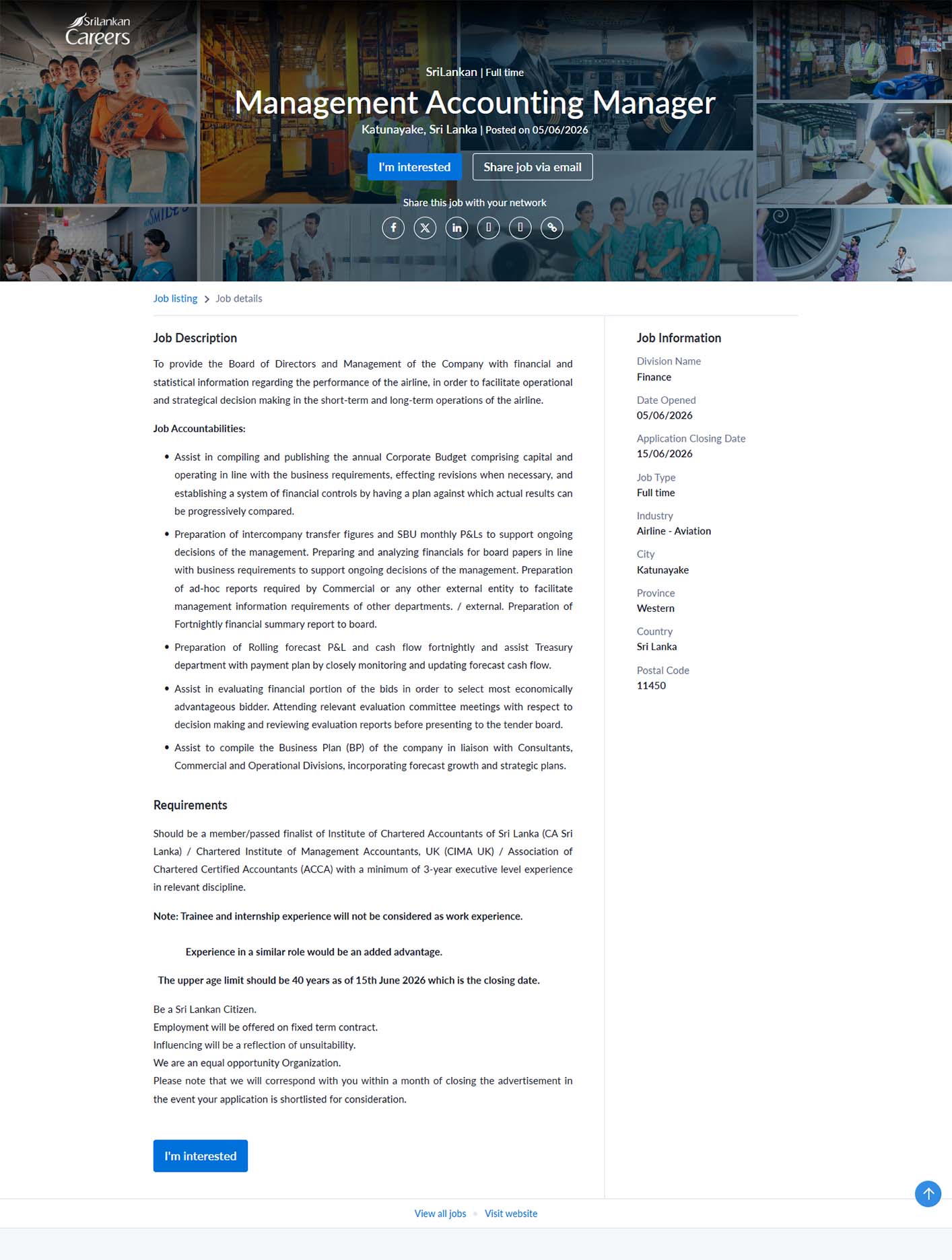 Management Accounting Manager - SriLankan Airlines Limited