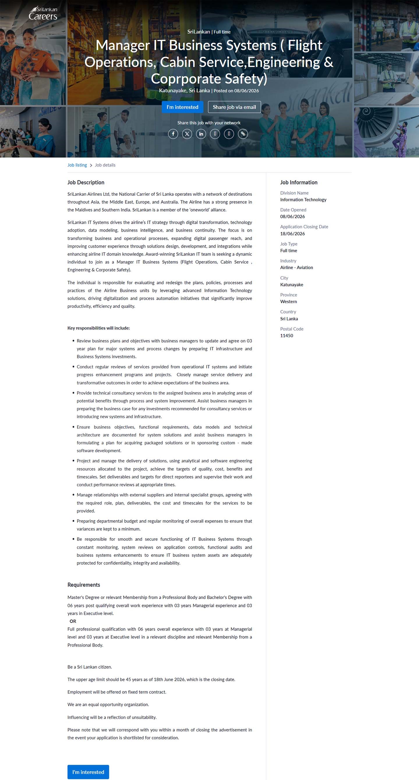Manager IT Business Systems (Flight Operations, Cabin Service, Engineering & Corporate Safety) - SriLankan Airlines Limited