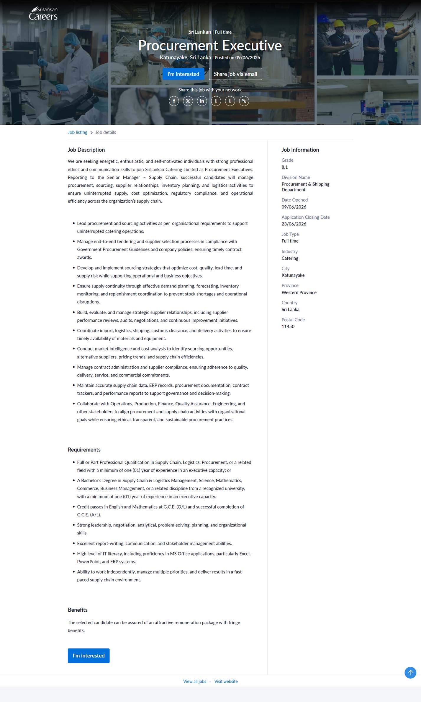 Procurement Executive - SriLankan Catering